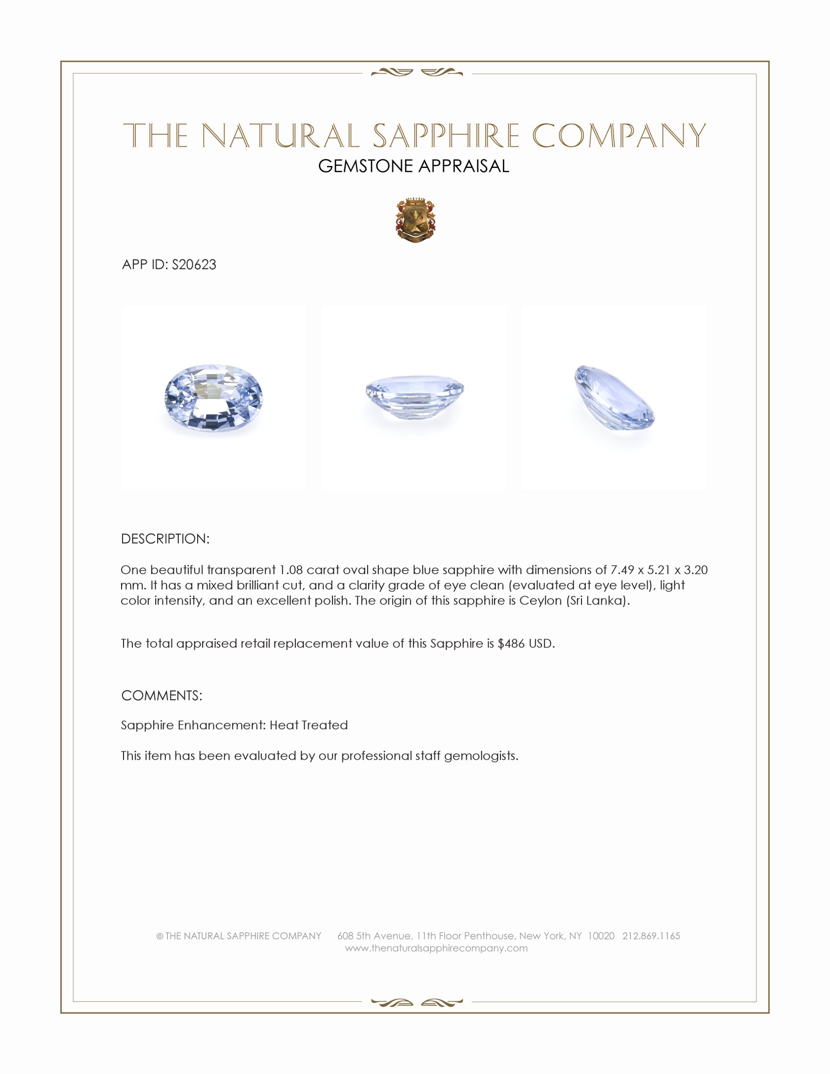 1.08 Ct. Blue Sapphire from Ceylon (Sri Lanka)
