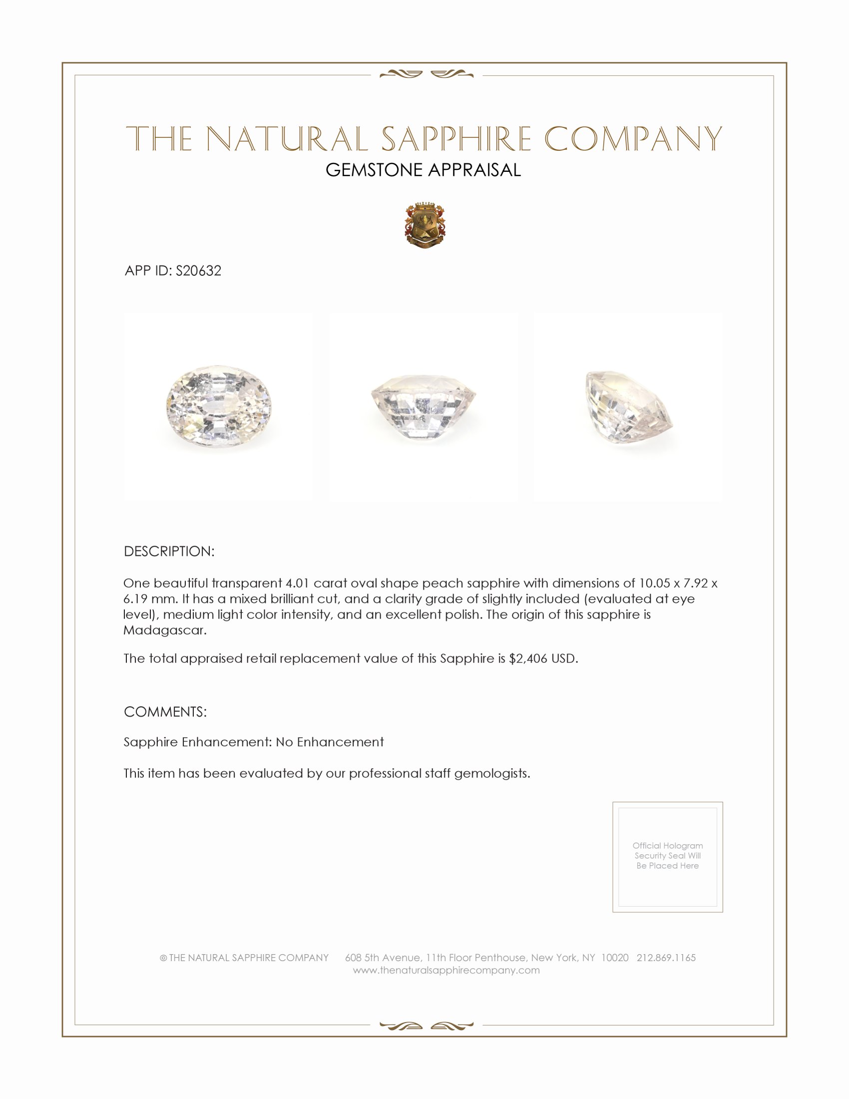 4.01 Ct. Peach Sapphire from Madagascar