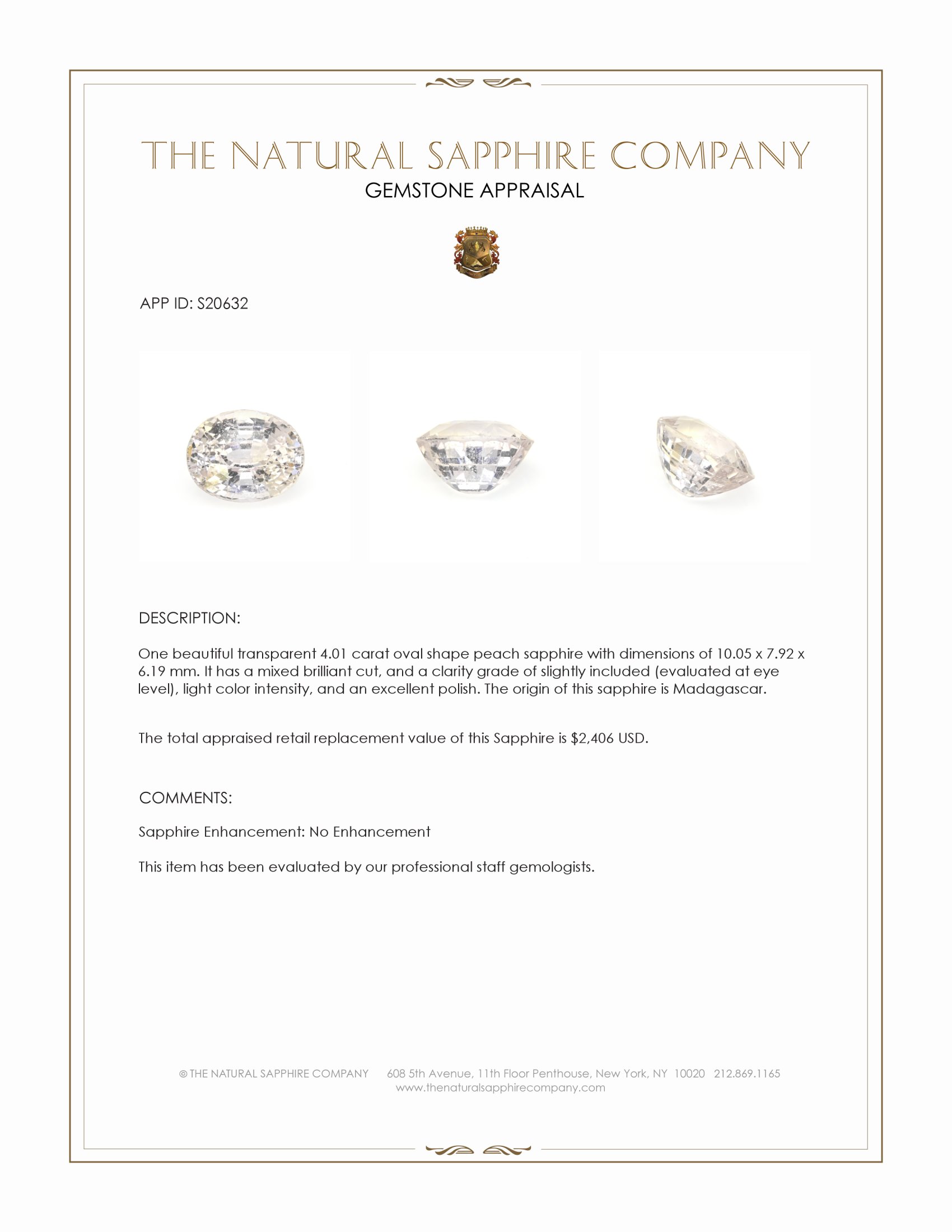 4.01 Ct. Peach Sapphire from Madagascar