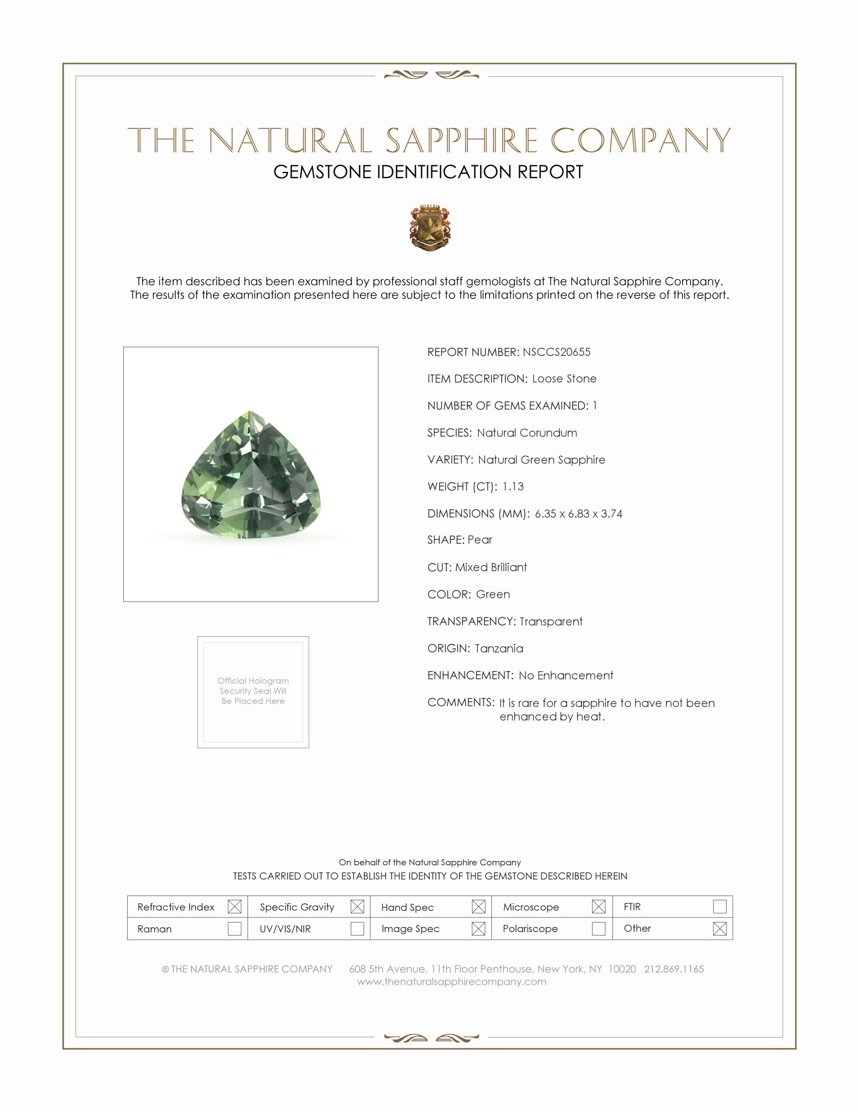 1.13 Ct. Green Sapphire from Tanzania