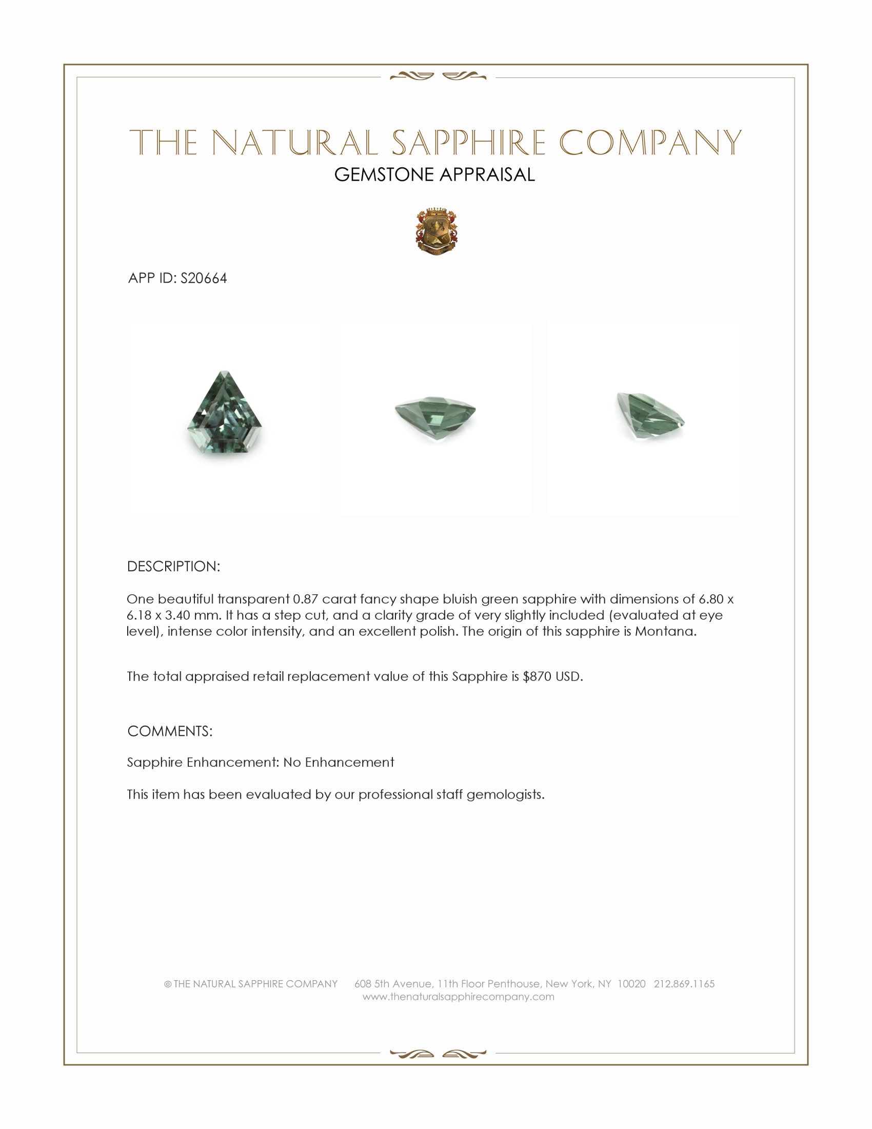 0.87 Ct. Bluish Green Sapphire from Montana