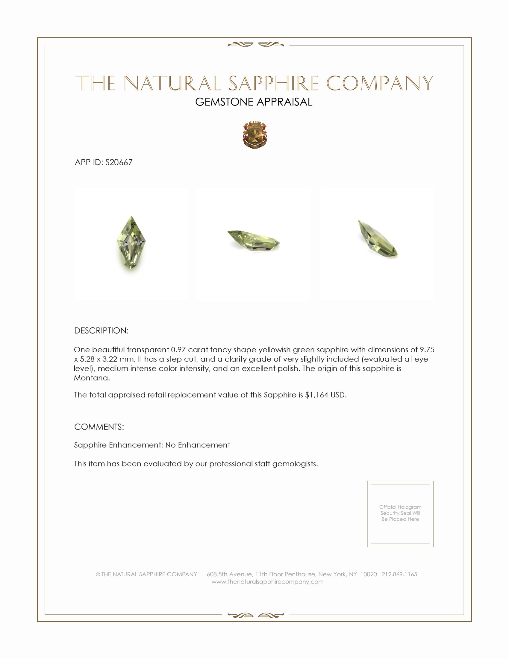 0.97 Ct. Yellowish Green Sapphire from Montana