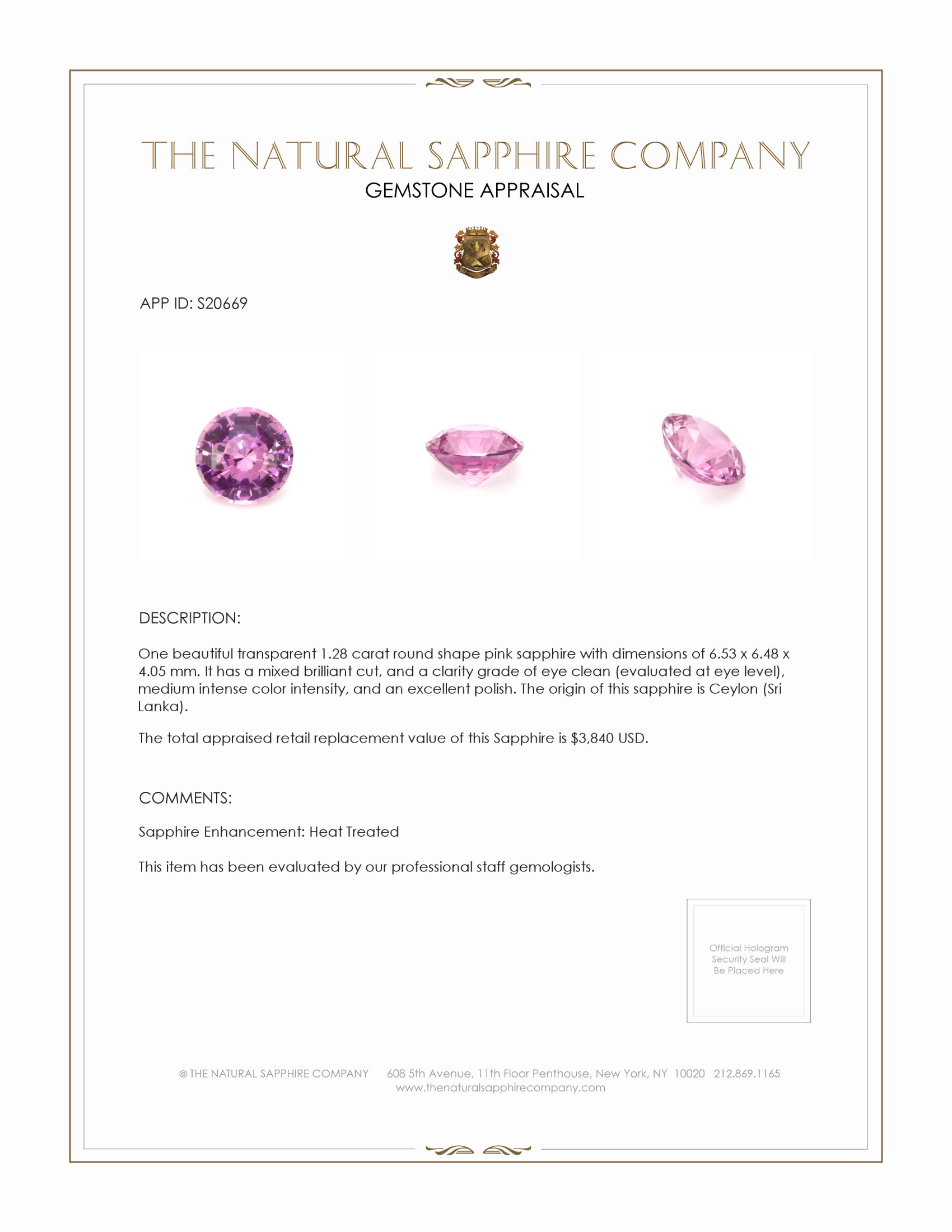 1.28 Ct. Pink Sapphire from Ceylon (Sri Lanka)