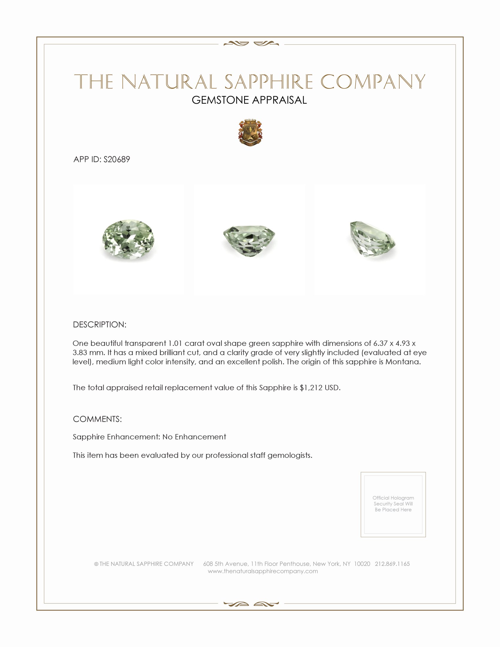 1.01 Ct. Green Sapphire from Montana