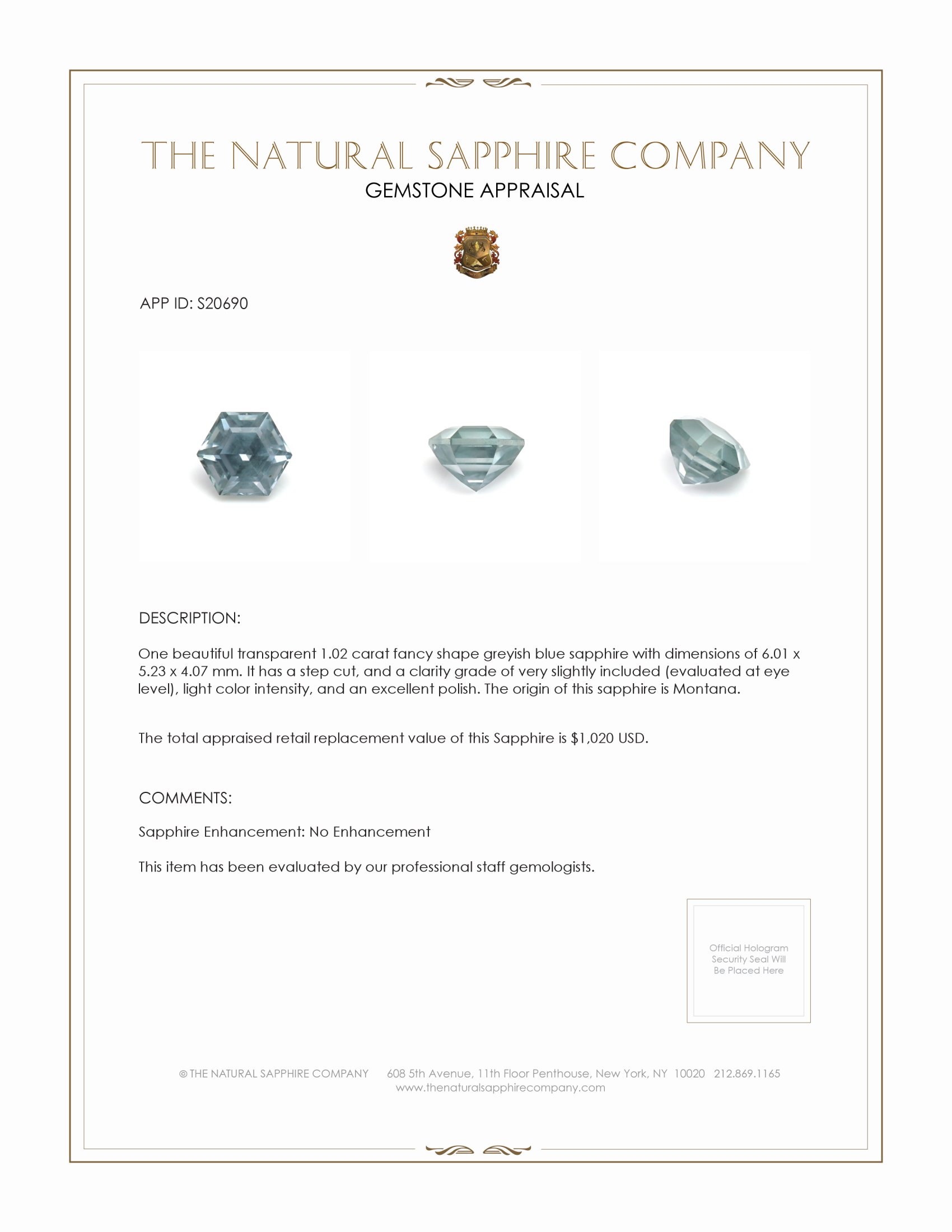 1.02 Ct. Greyish Blue Sapphire from Montana