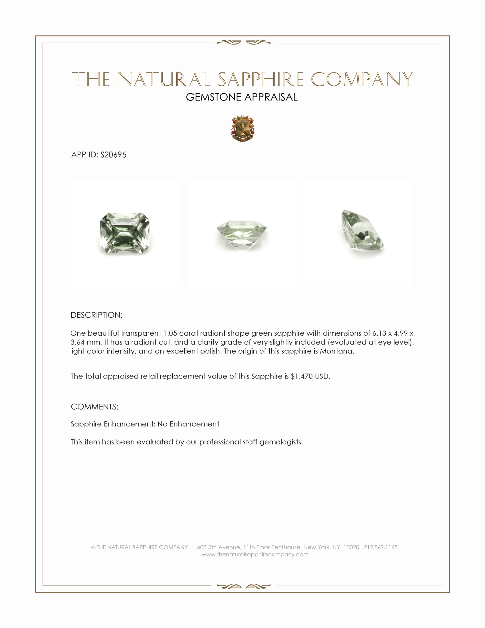 1.05 Ct. Green Sapphire from Montana