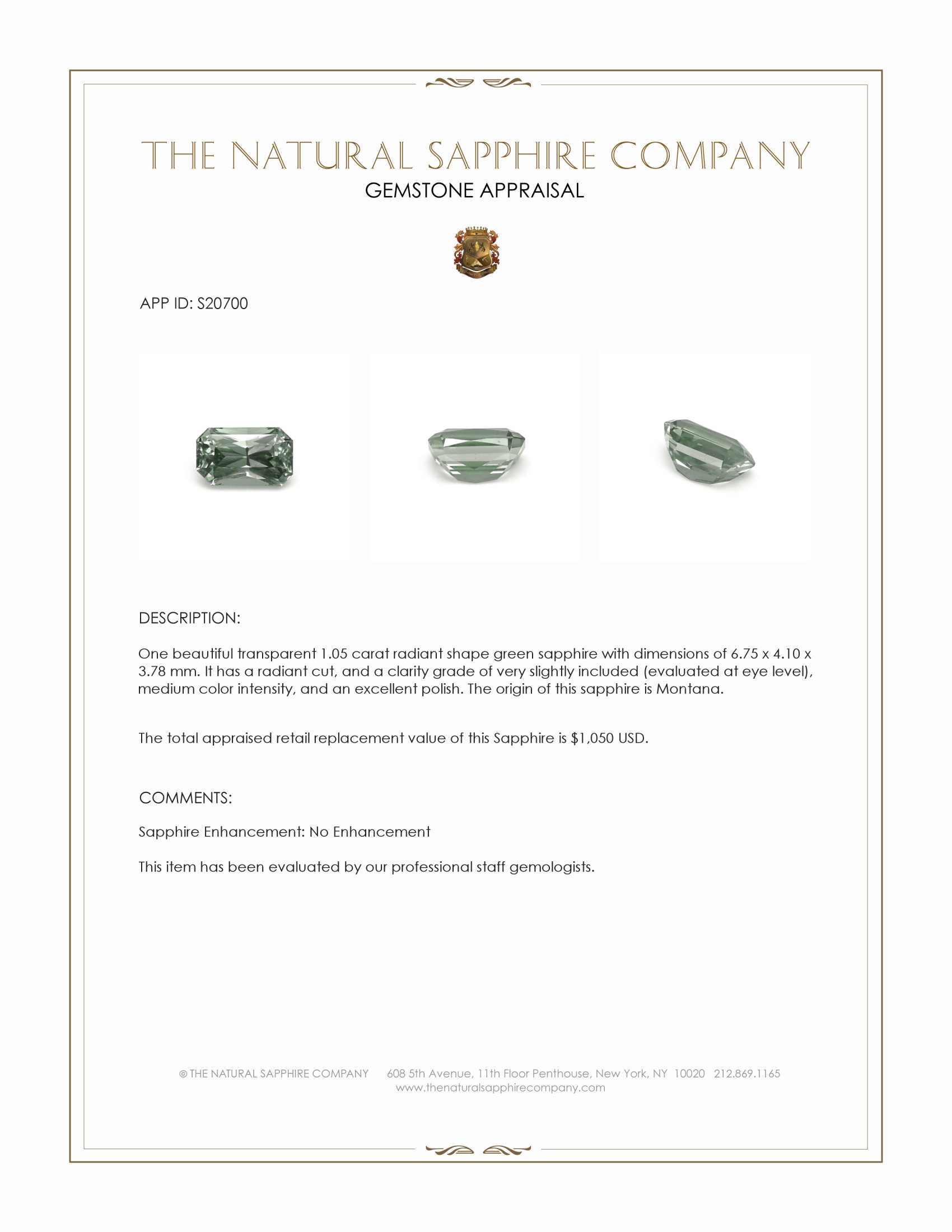 1.05 Ct. Green Sapphire from Montana