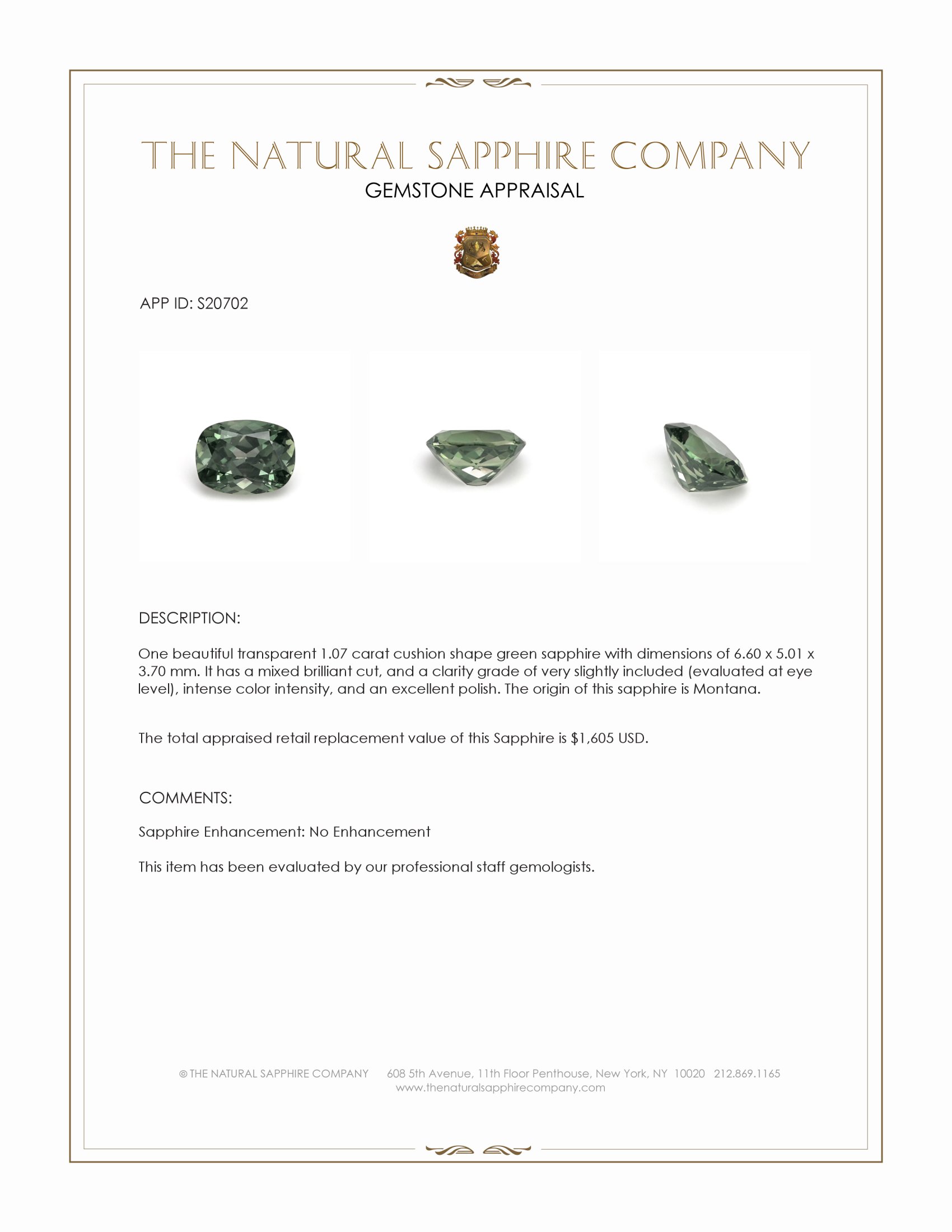 1.07 Ct. Green Sapphire from Montana