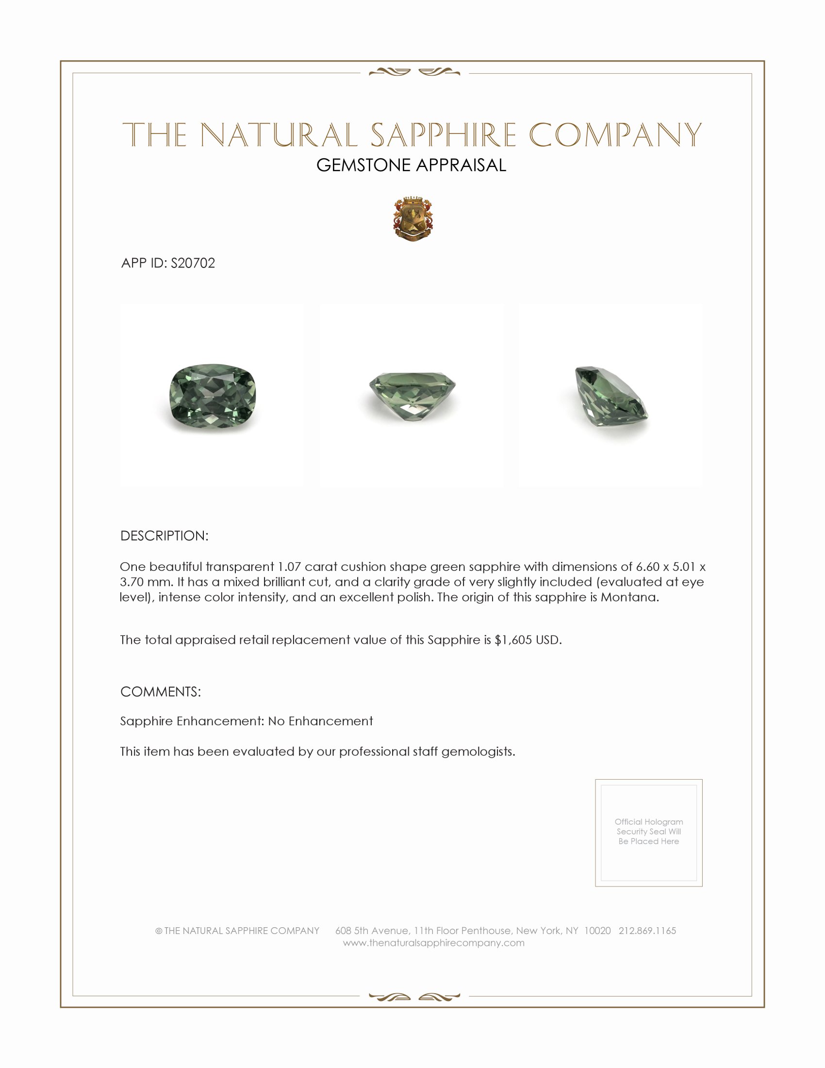 1.07 Ct. Green Sapphire from Montana