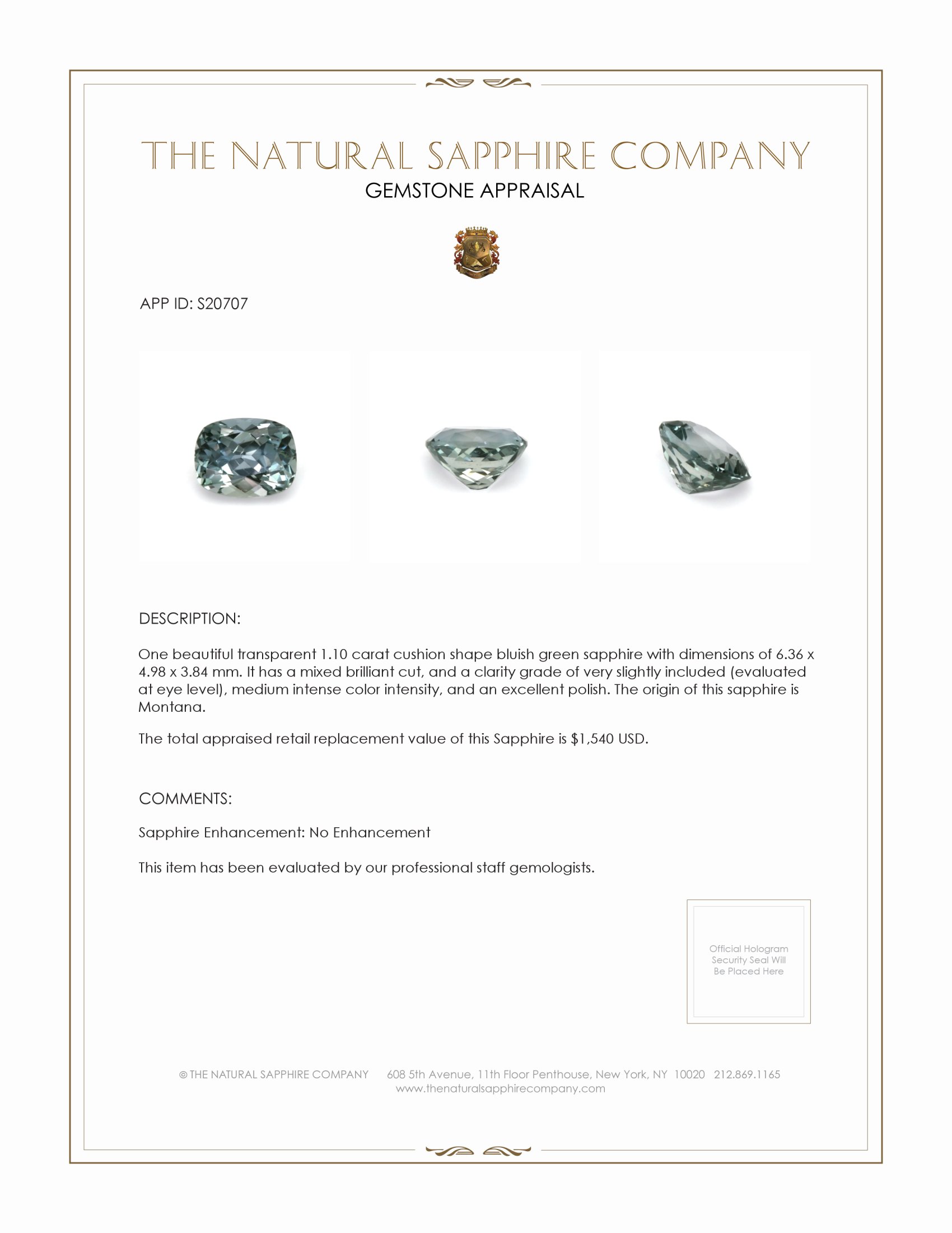 1.10 Ct. Bluish Green Sapphire from Montana