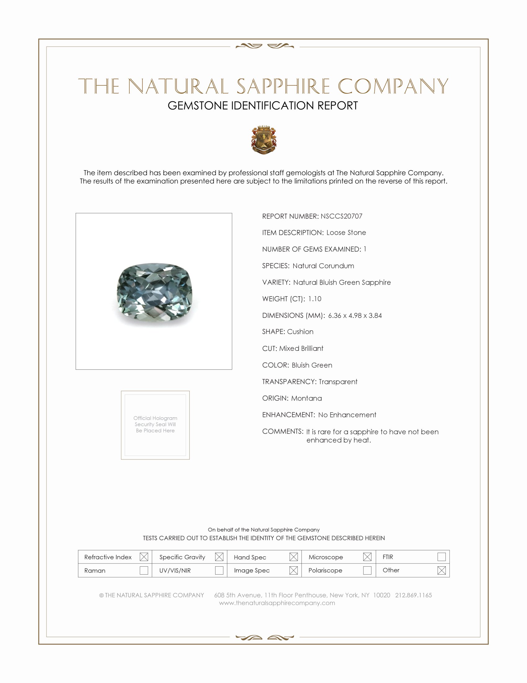 1.10 Ct. Bluish Green Sapphire from Montana