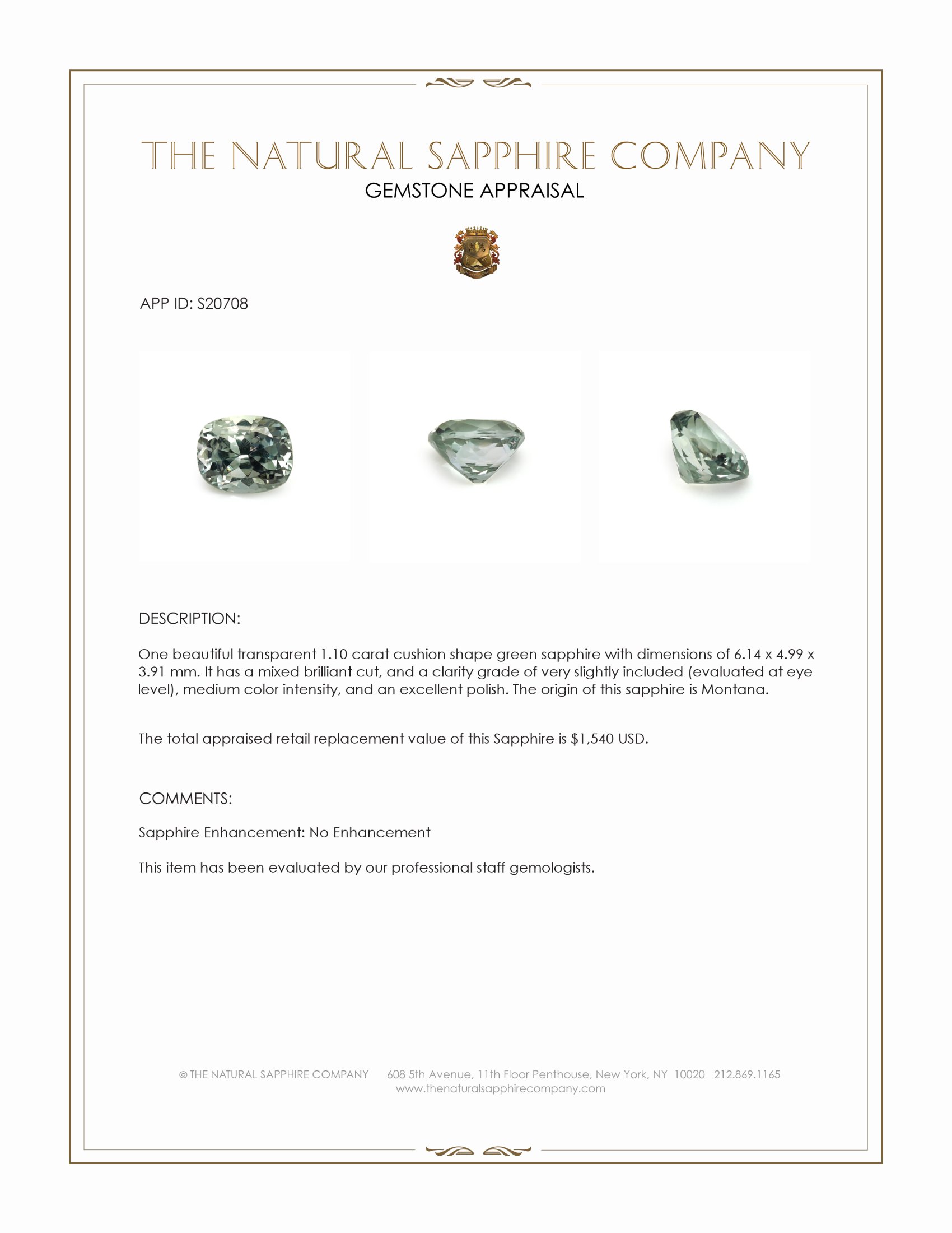 1.10 Ct. Green Sapphire from Montana
