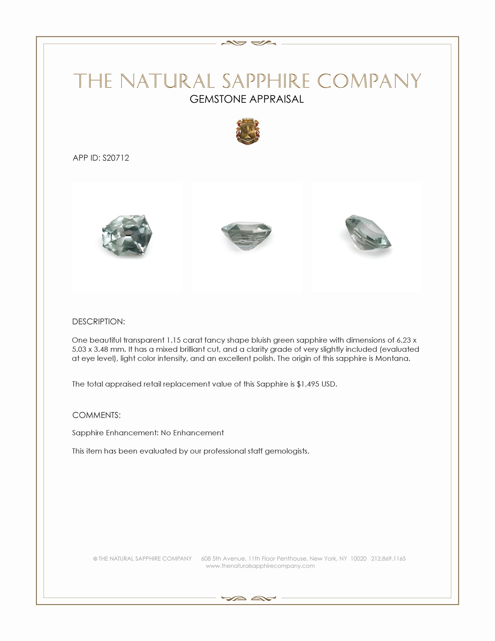 1.15 Ct. Bluish Green Sapphire from Montana