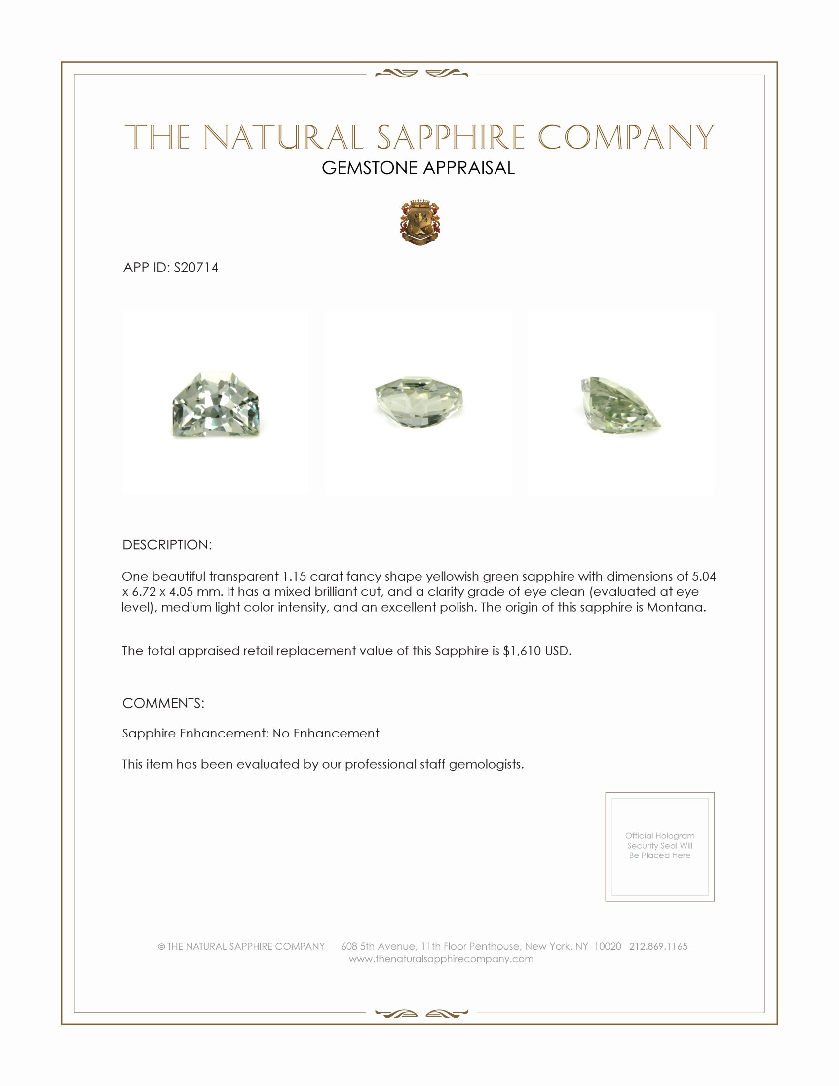 1.15 Ct. Yellowish Green Sapphire from Montana