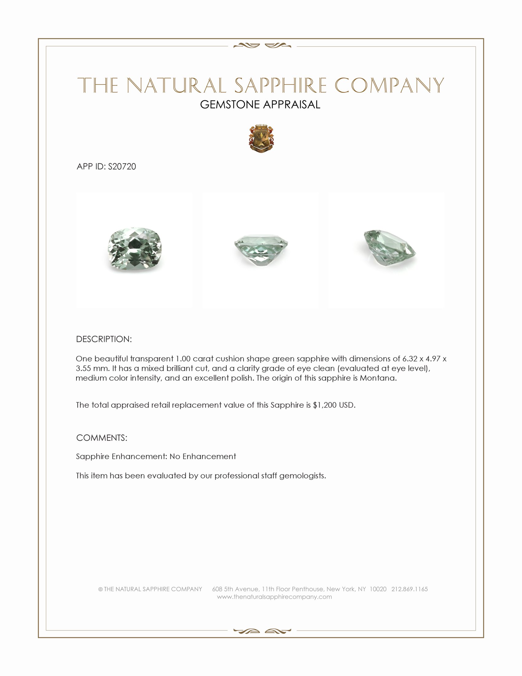 1.00 Ct. Green Sapphire from Montana