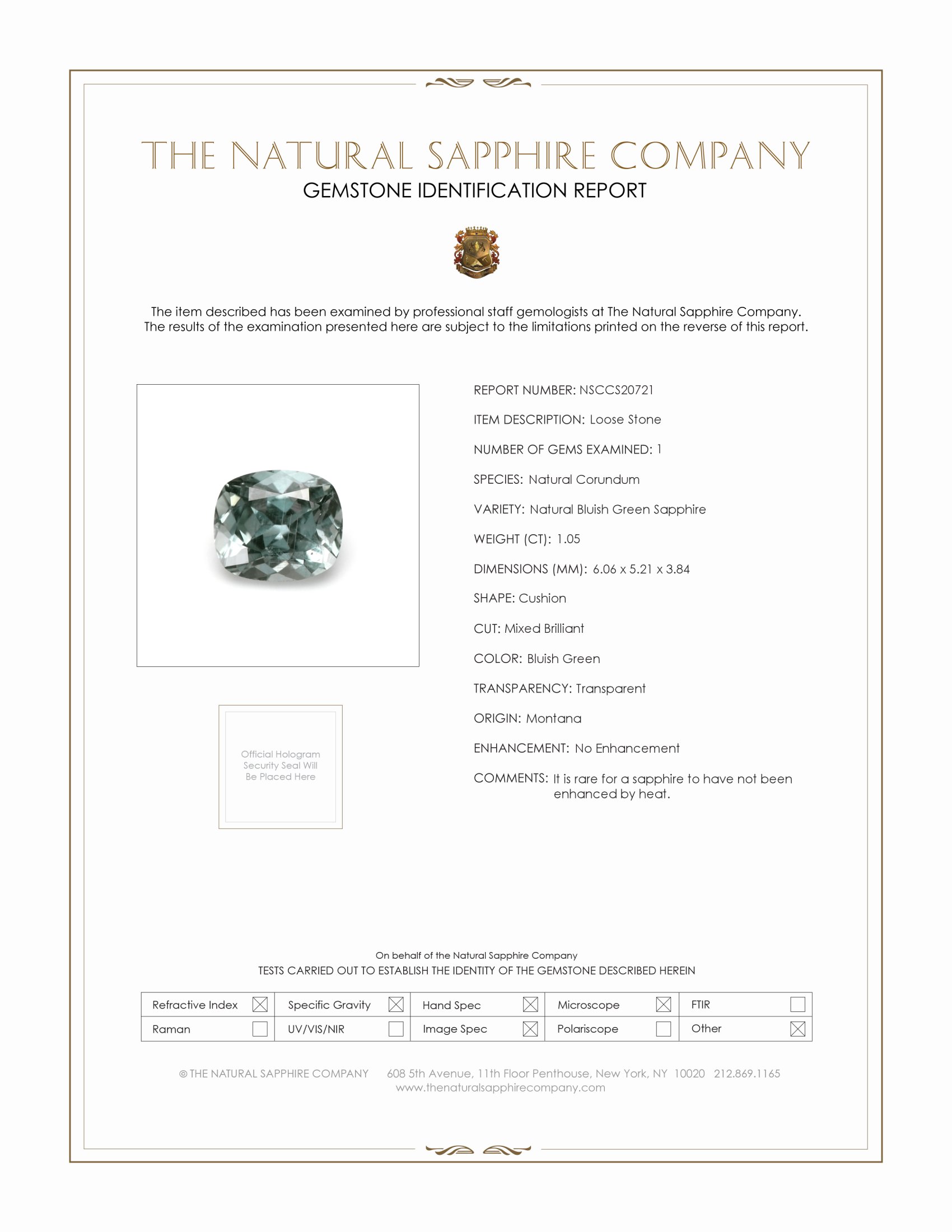 1.05 Ct. Bluish Green Sapphire from Montana