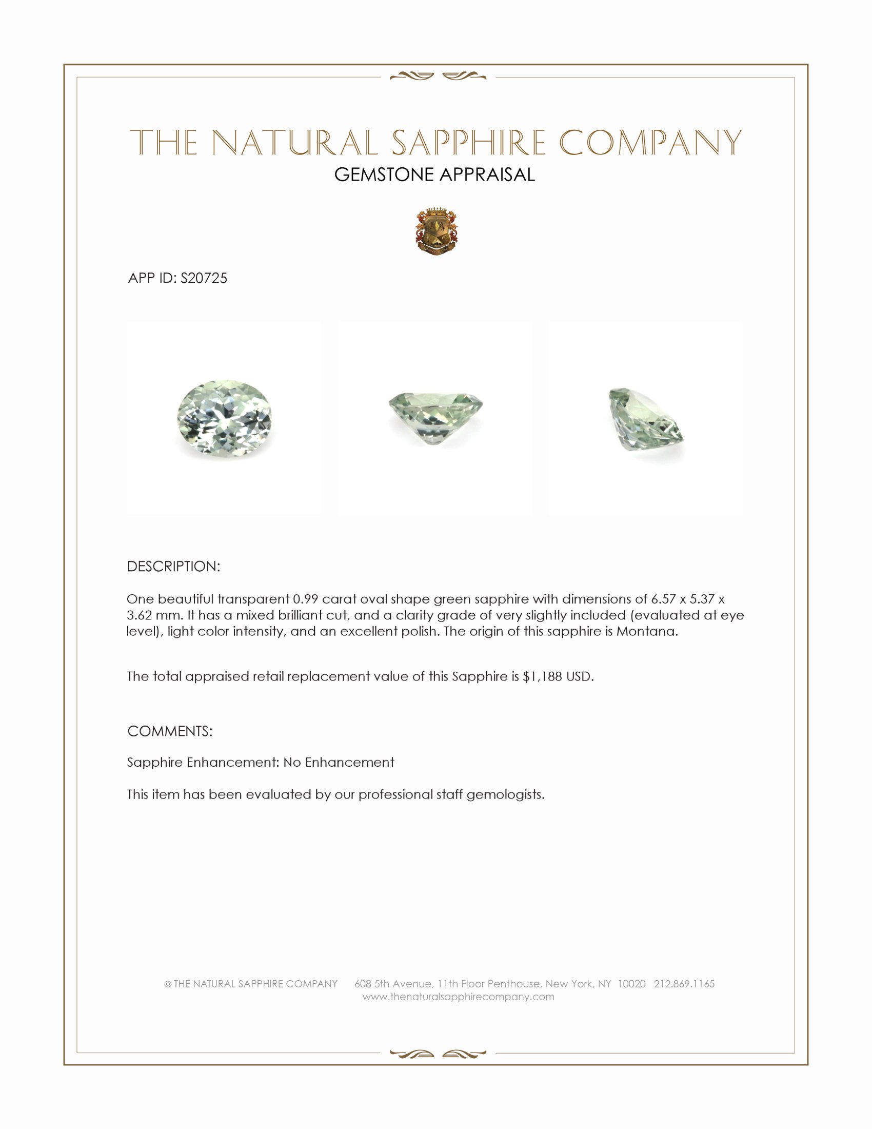 0.99 Ct. Green Sapphire from Montana