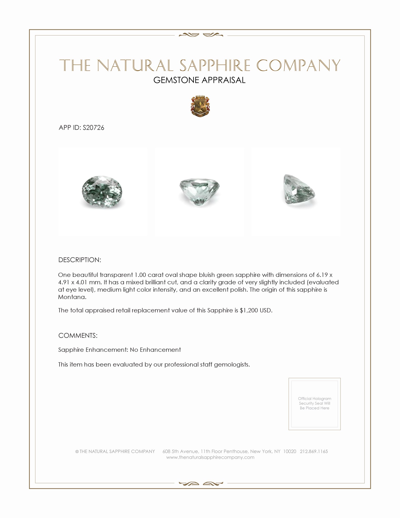 1.00 Ct. Bluish Green Sapphire from Montana