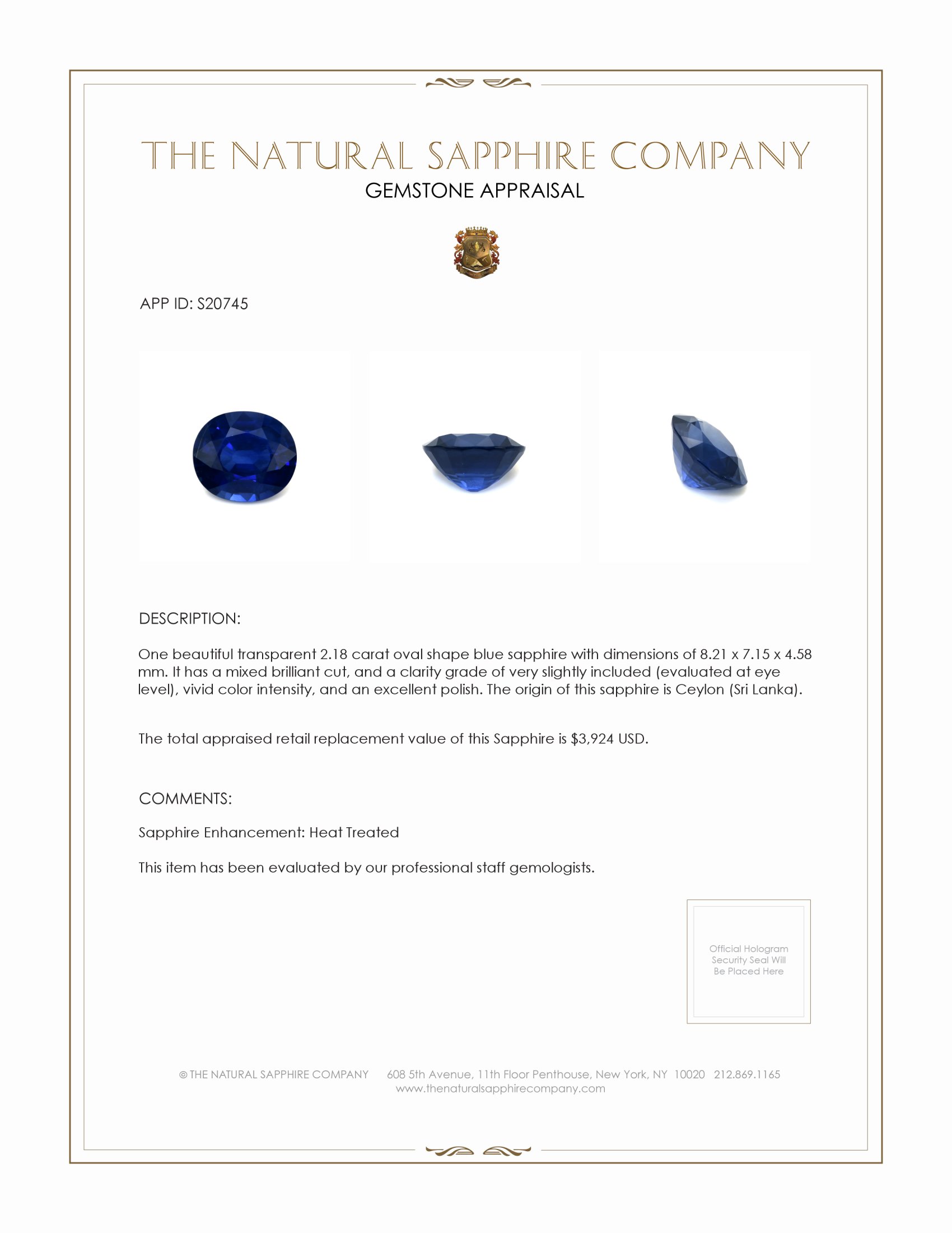 2.18 Ct. Blue Sapphire from Ceylon (Sri Lanka)