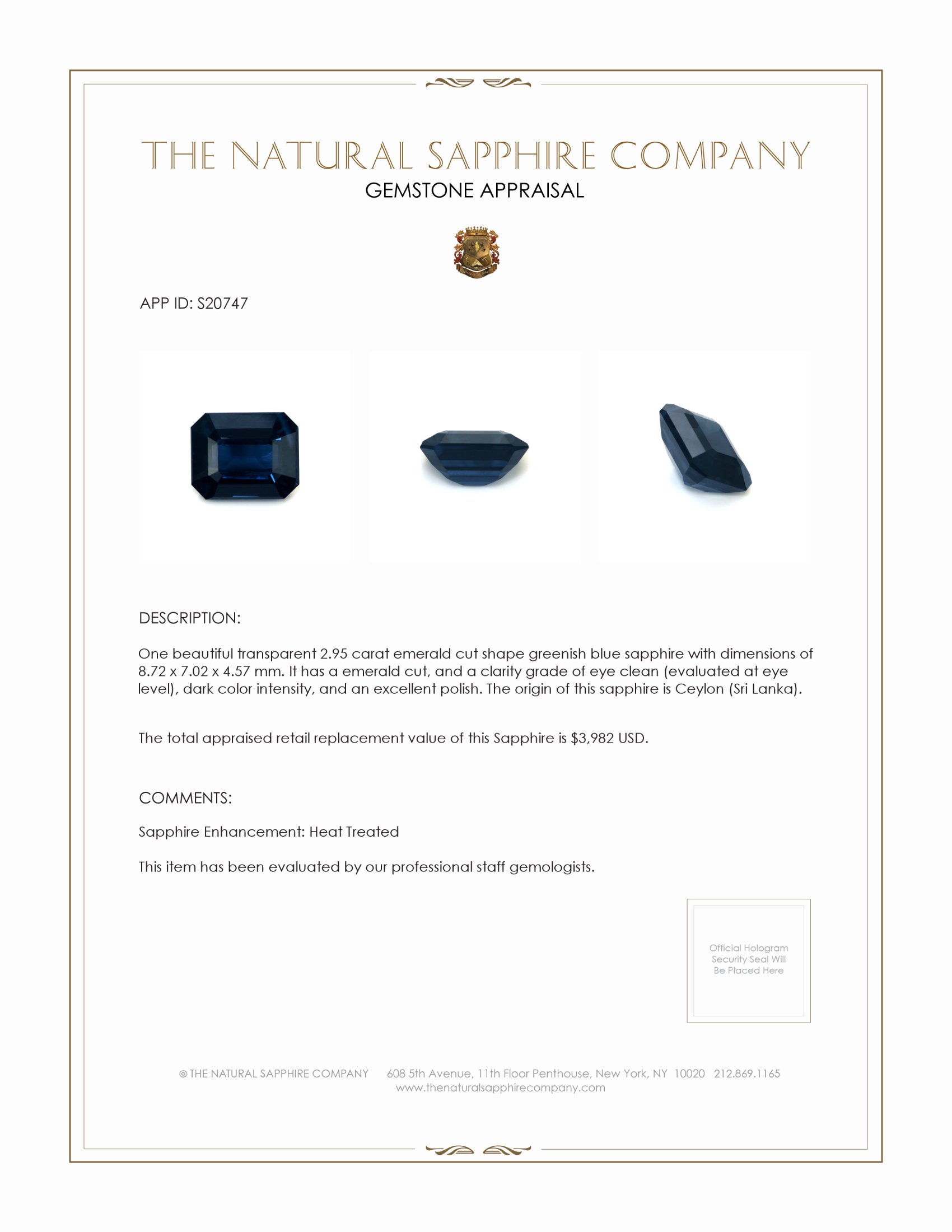 2.95 Ct. Blue Sapphire from Ceylon (Sri Lanka)