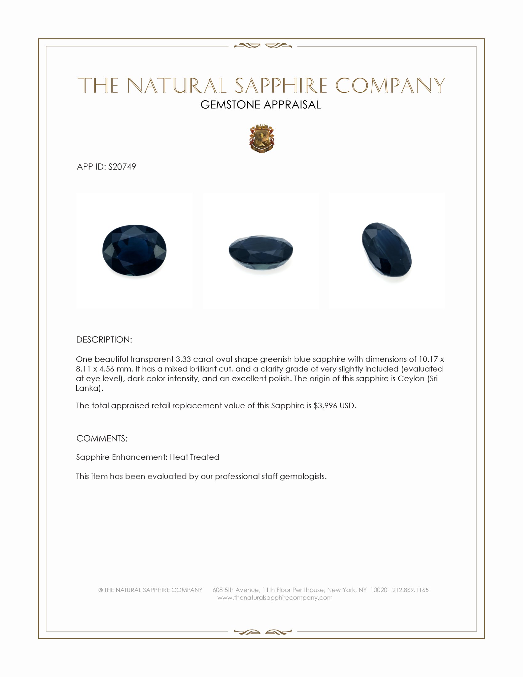 3.33 Ct. Greenish Blue Sapphire from Ceylon (Sri Lanka)