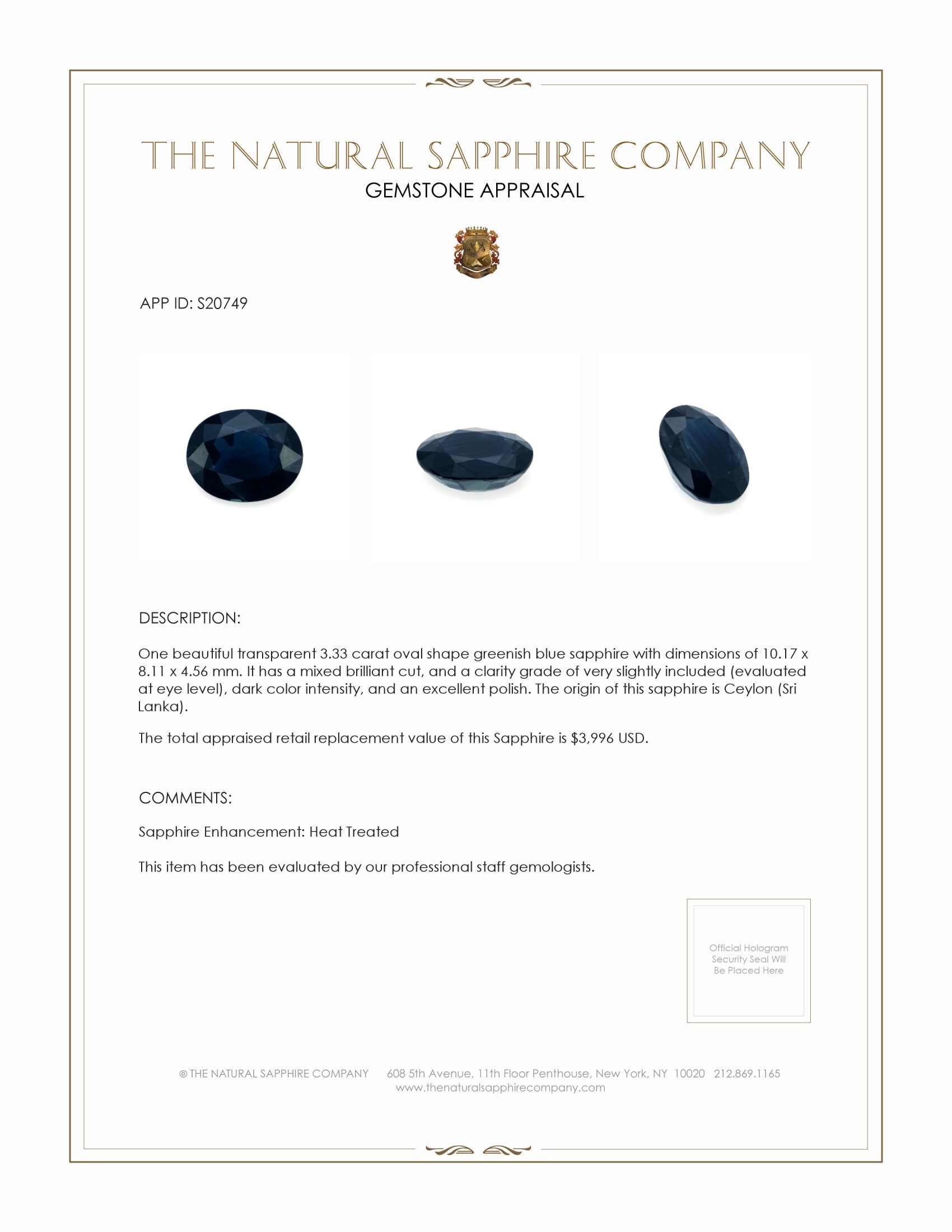 3.33 Ct. Greenish Blue Sapphire from Ceylon (Sri Lanka)