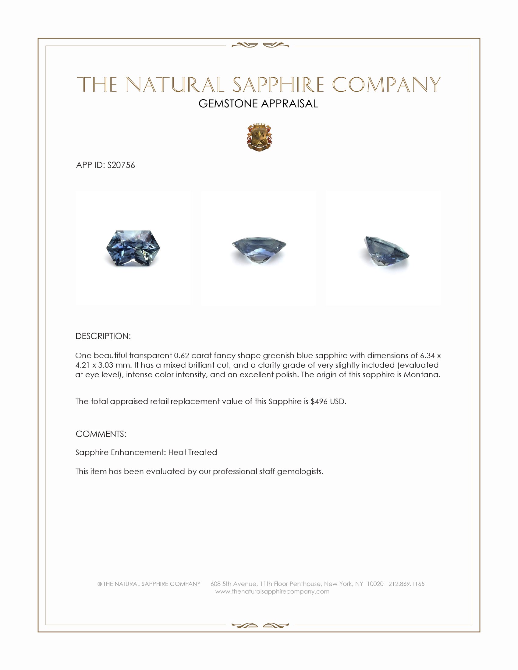 0.62 Ct. Greenish Blue Sapphire from Montana