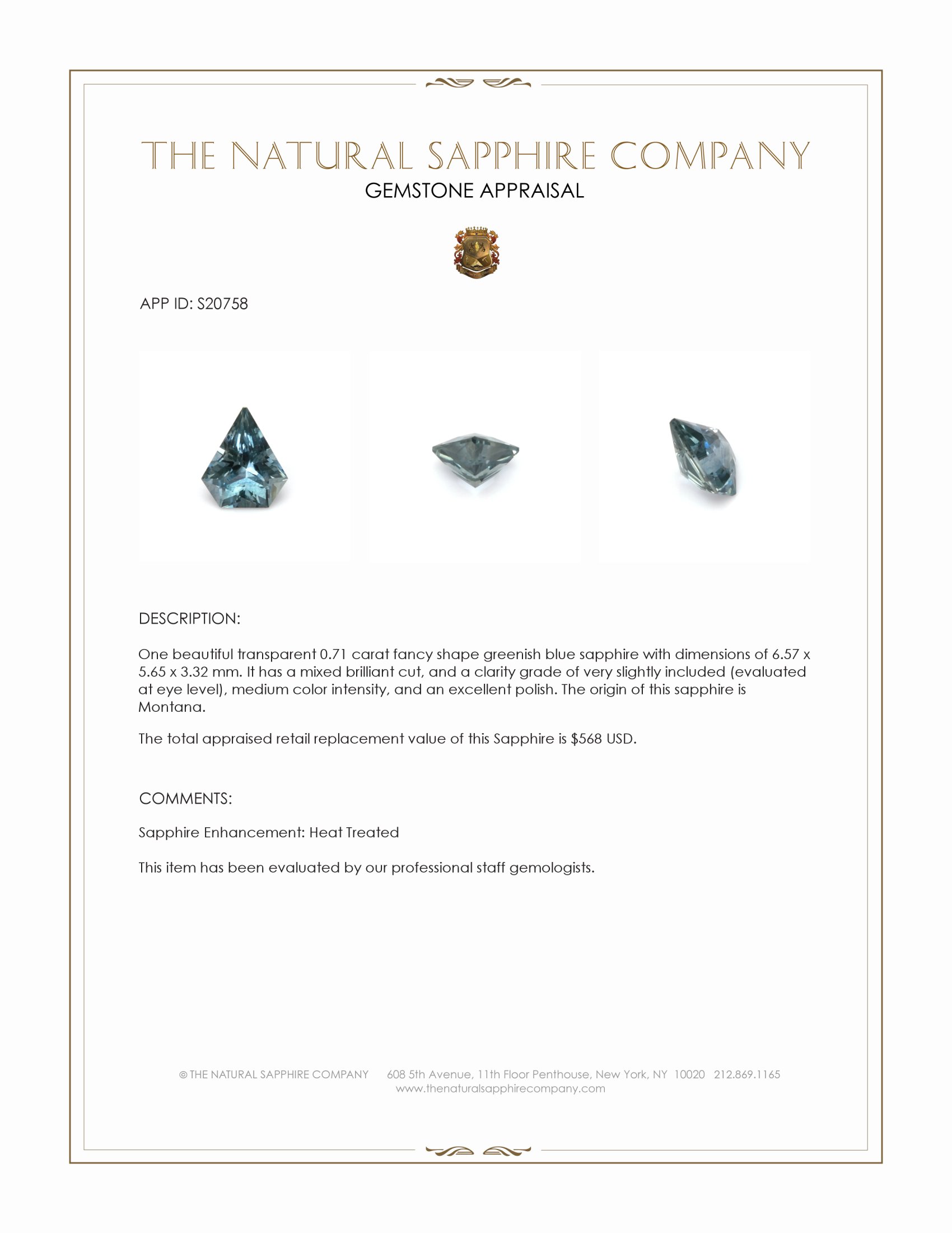 0.71 Ct. Greenish Blue Sapphire from Montana