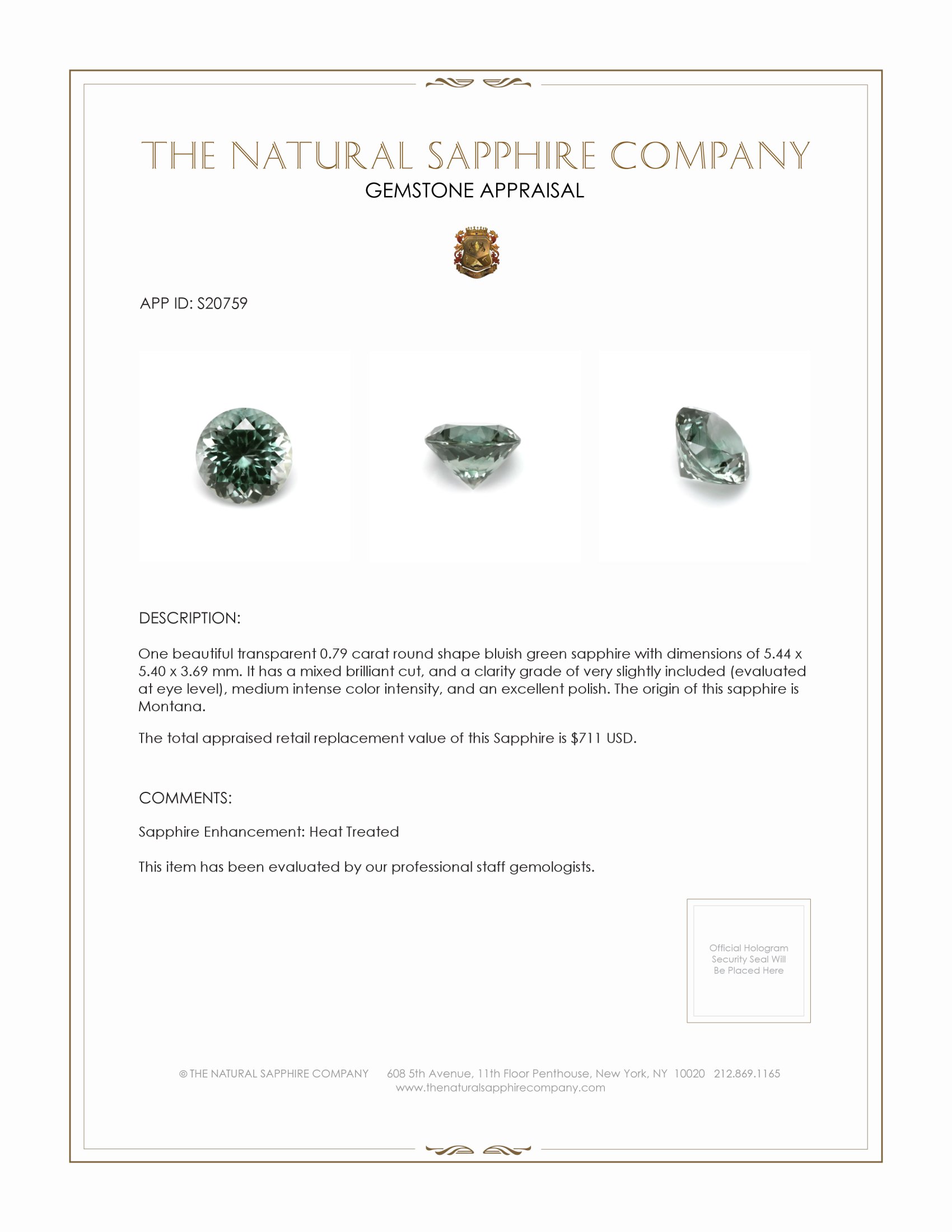 0.79 Ct. Bluish Green Sapphire from Montana