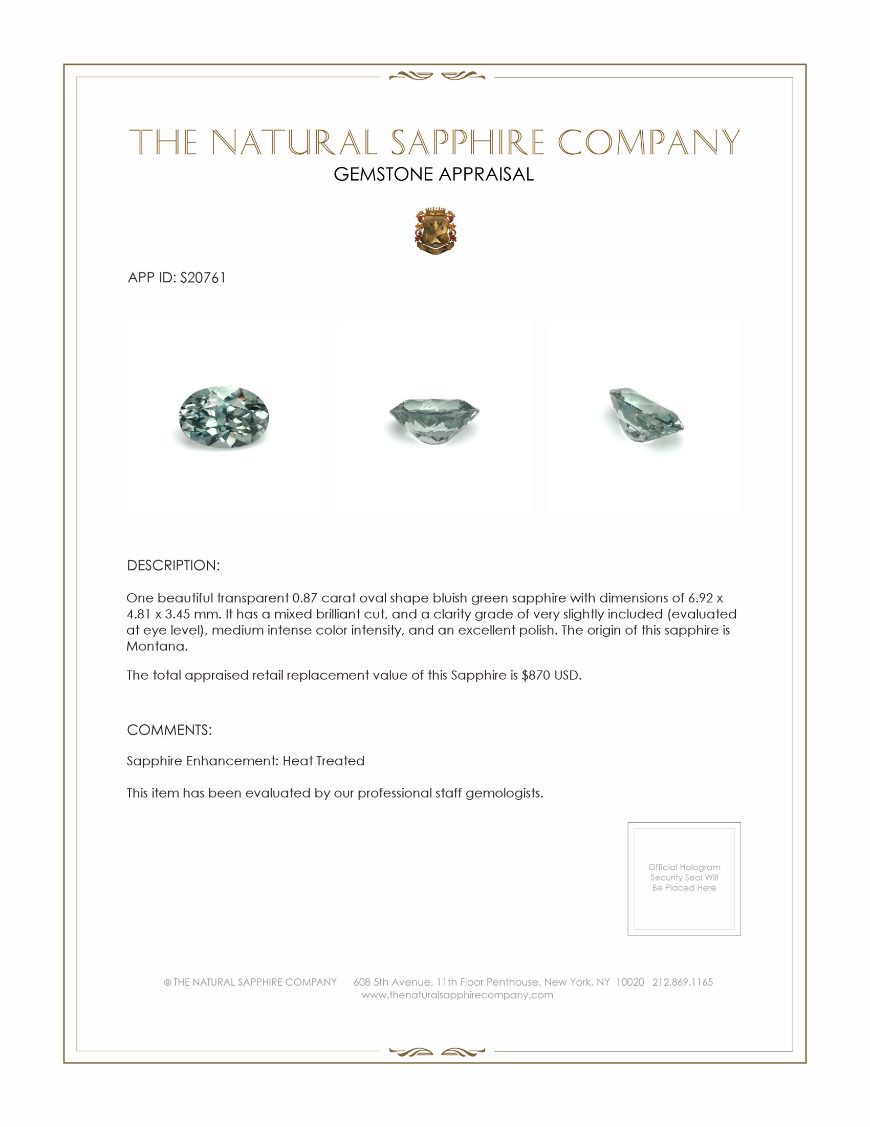 0.87 Ct. Bluish Green Sapphire from Montana