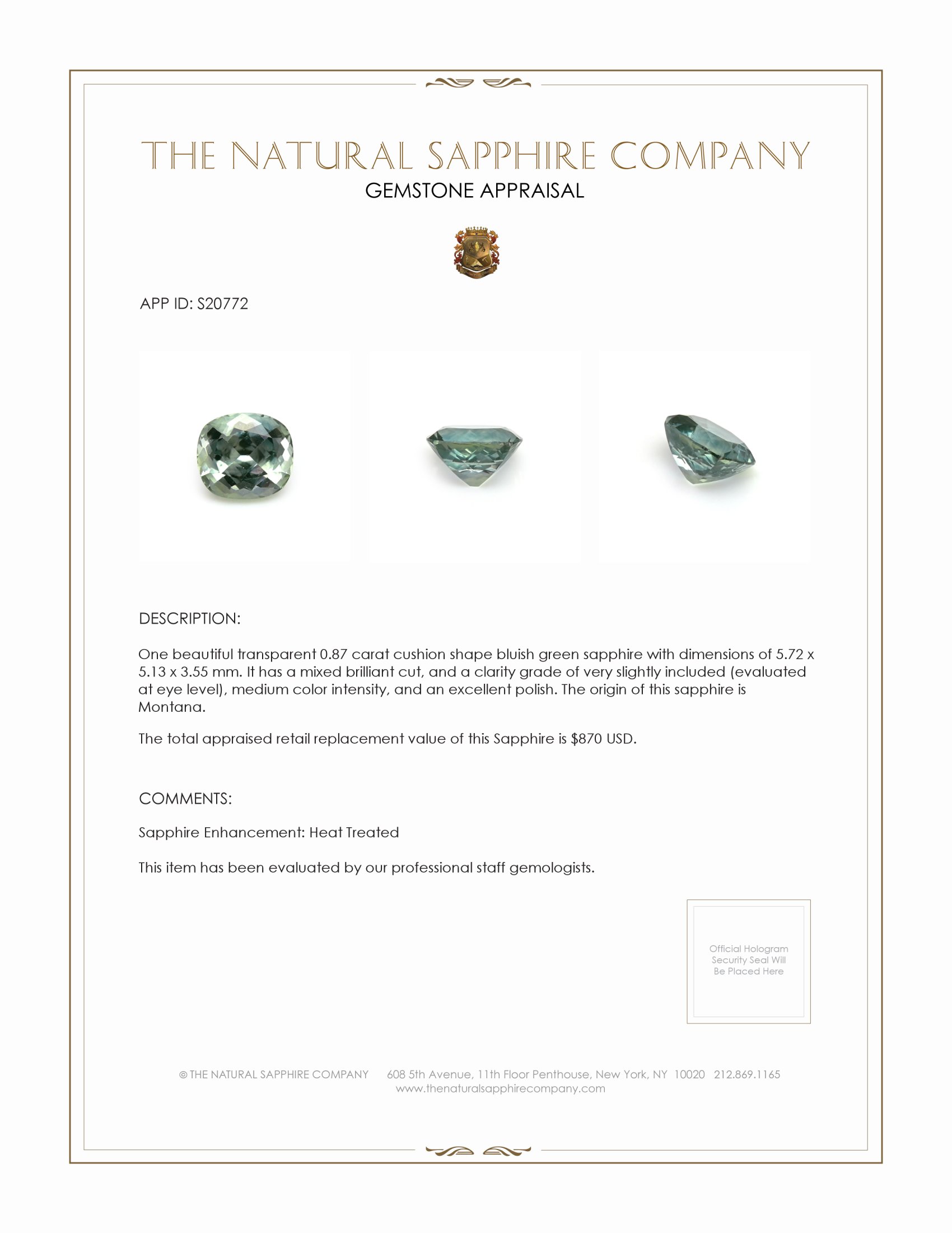 0.87 Ct. Bluish Green Sapphire from Montana