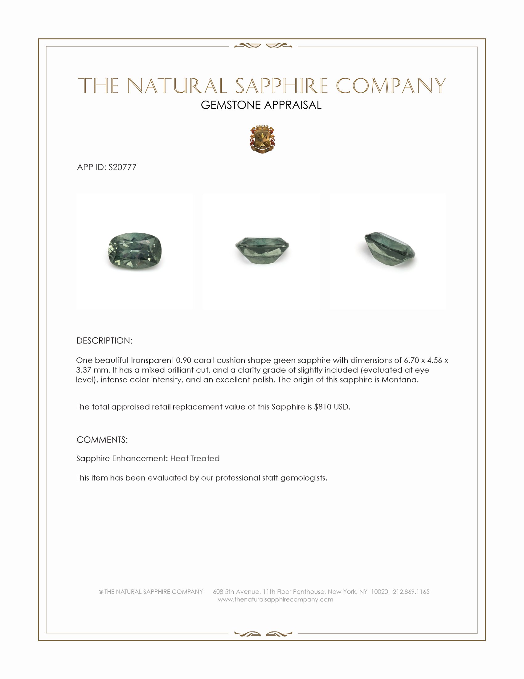 0.90 Ct. Green Sapphire from Montana