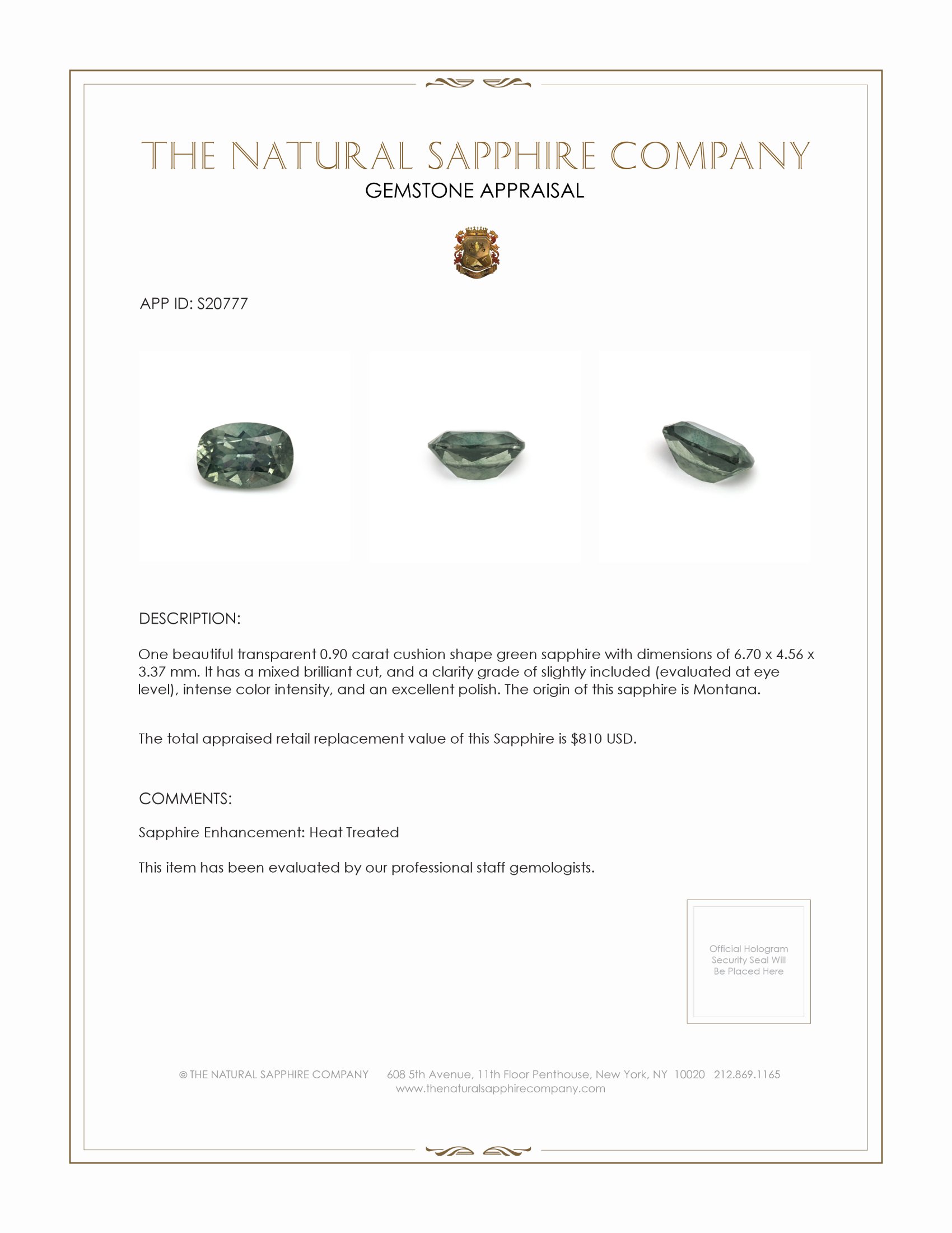 0.90 Ct. Green Sapphire from Montana