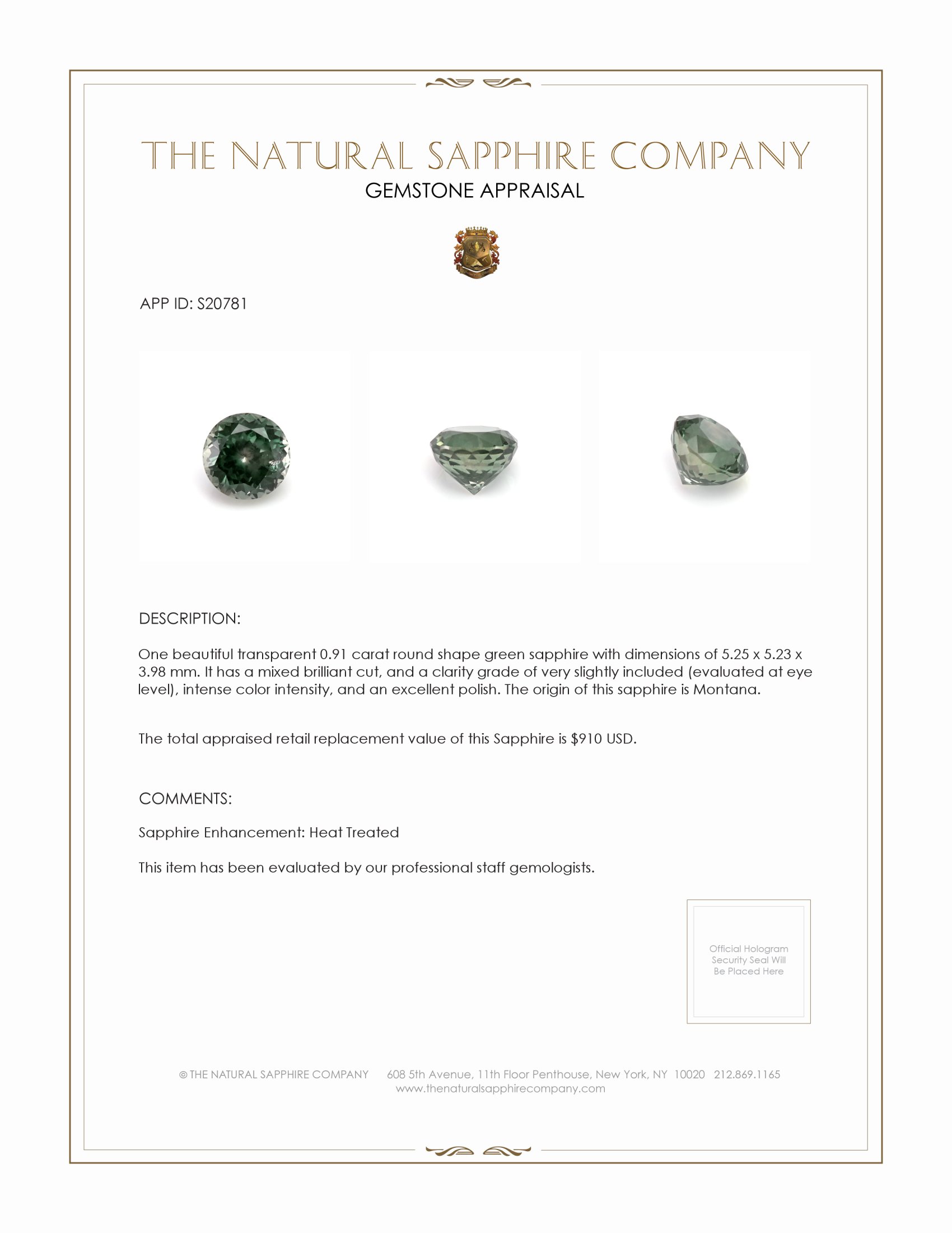 0.91 Ct. Green Sapphire from Montana