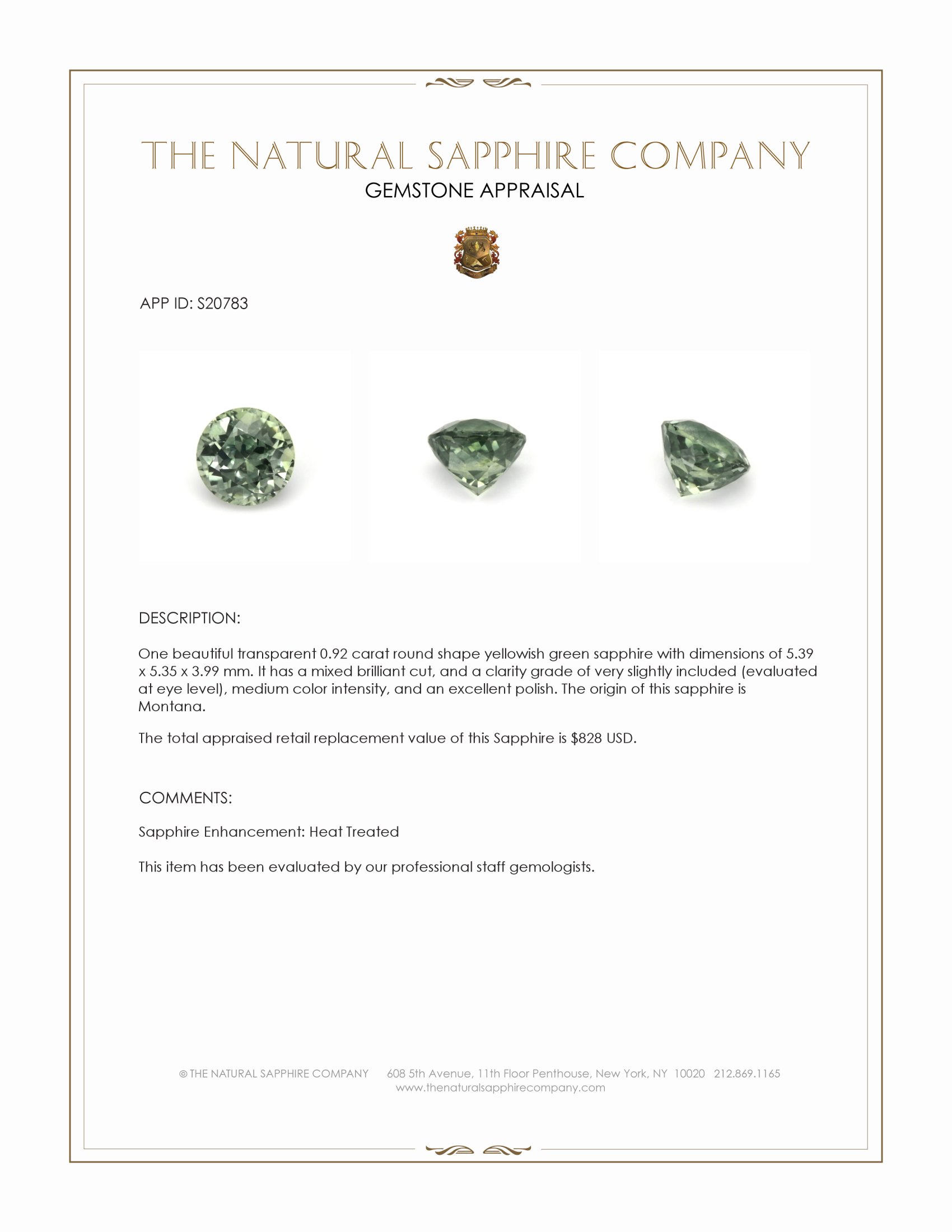 0.92 Ct. Yellowish Green Sapphire from Montana