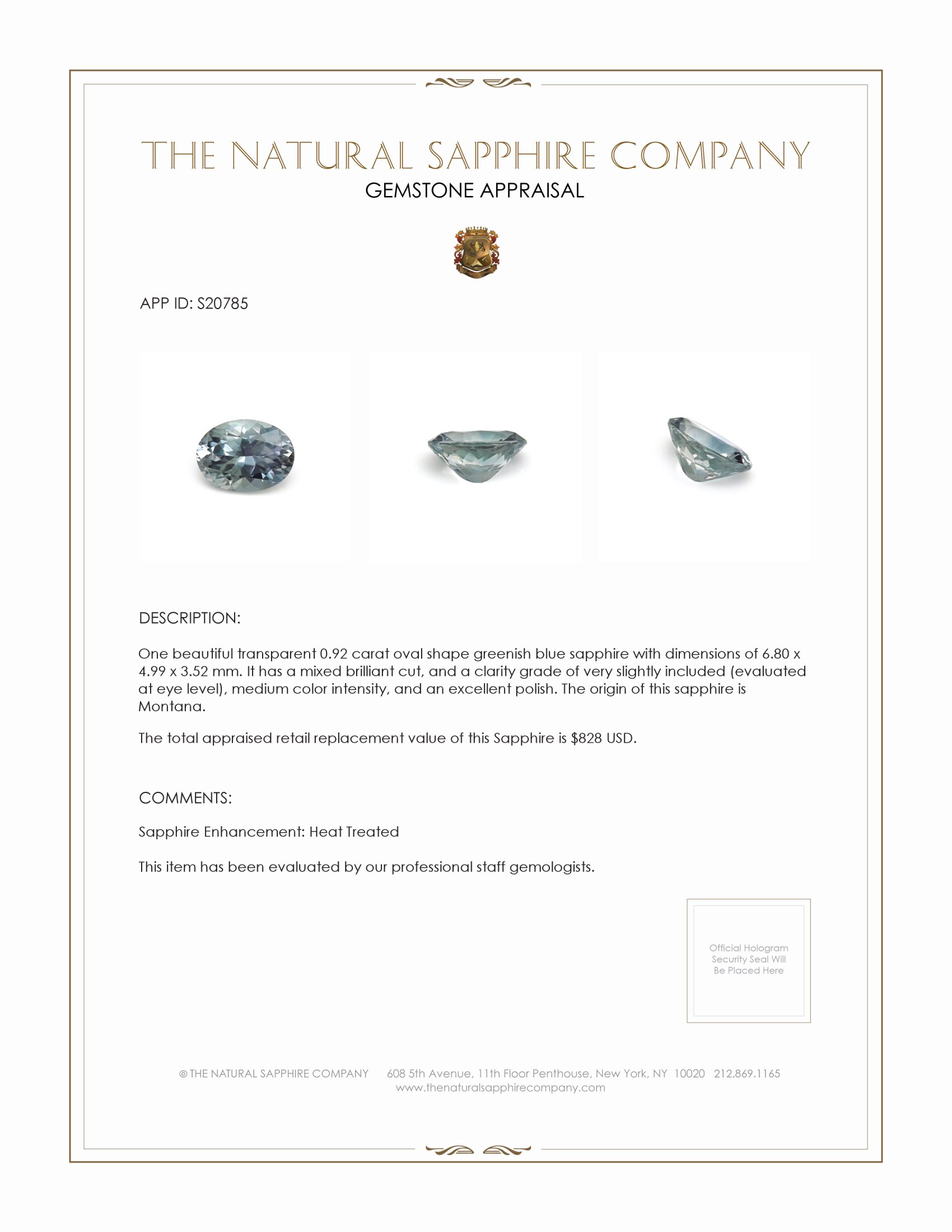 0.92 Ct. Greenish Blue Sapphire from Montana