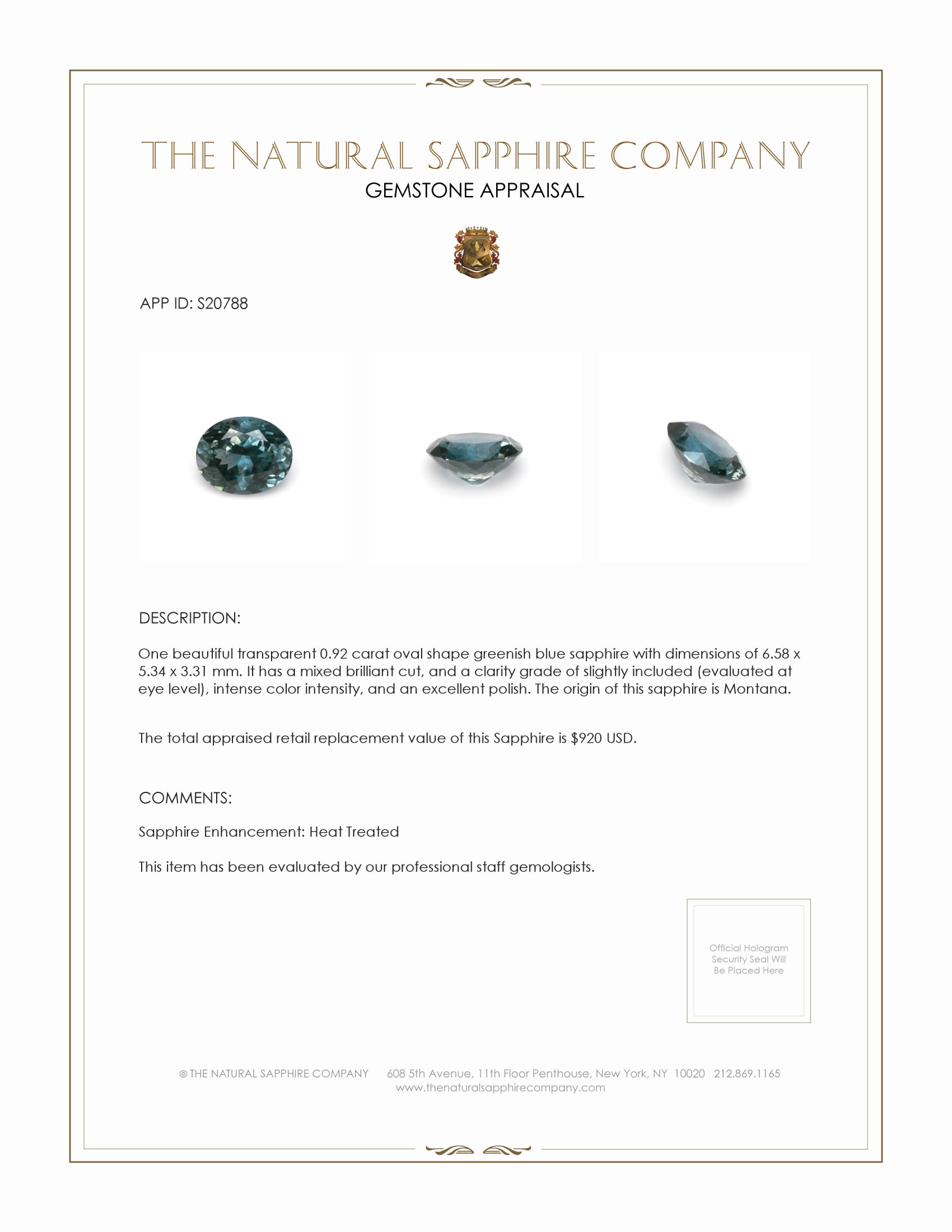 0.92 Ct. Greenish Blue Sapphire from Montana