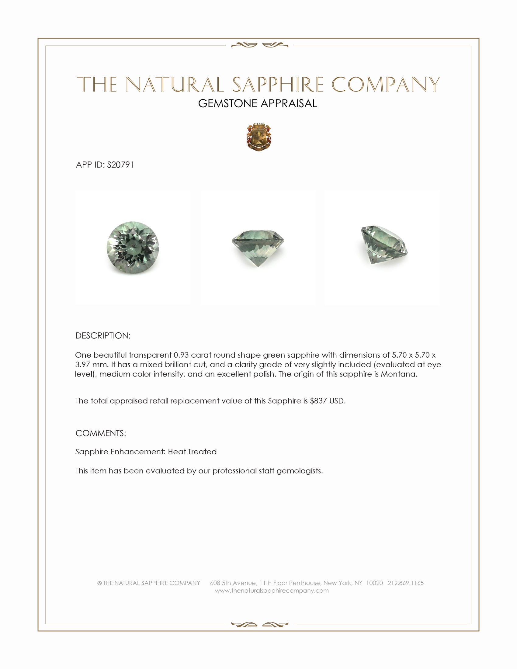 0.93 Ct. Green Sapphire from Montana