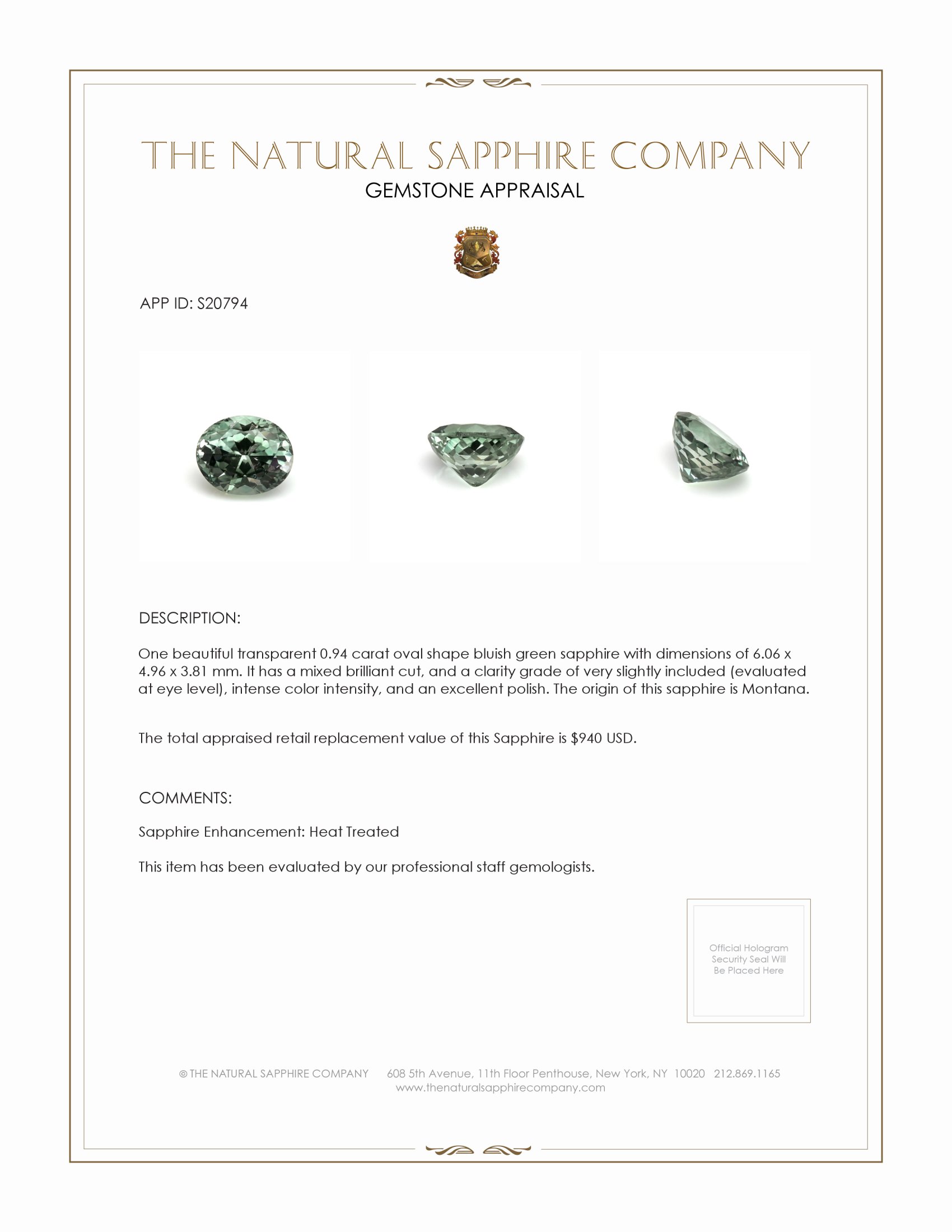 0.94 Ct. Bluish Green Sapphire from Montana