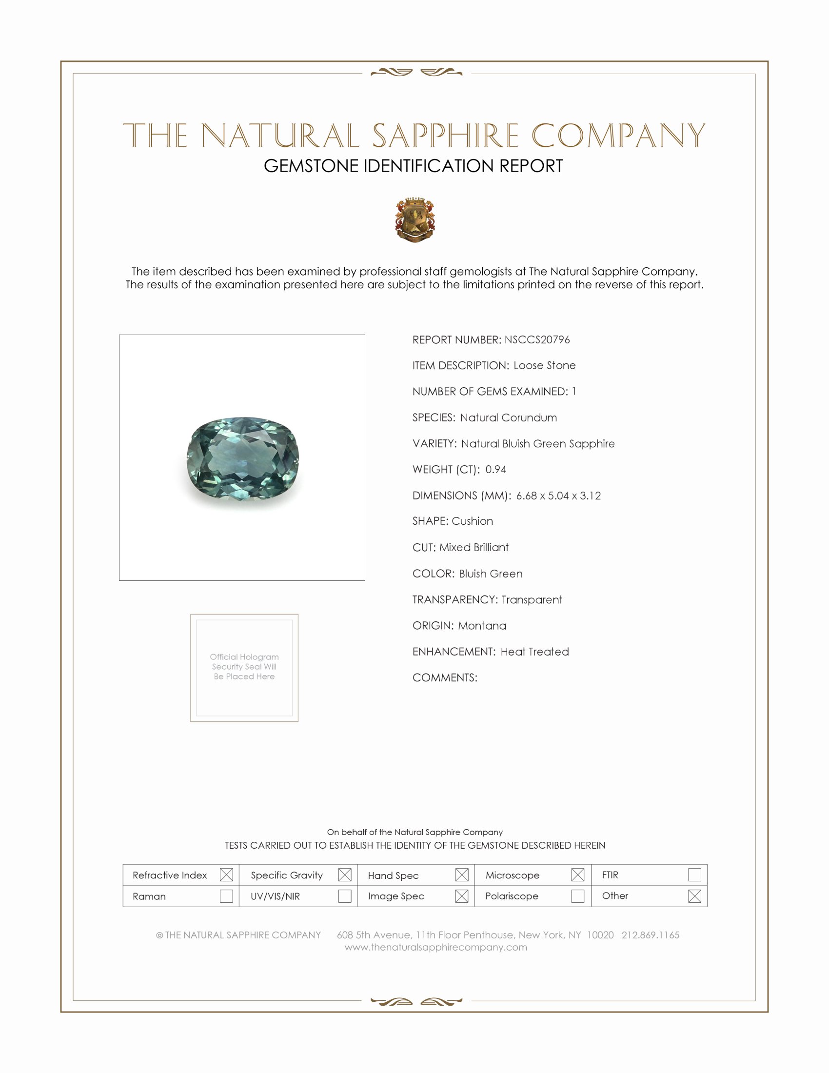 0.94 Ct. Bluish Green Sapphire from Montana