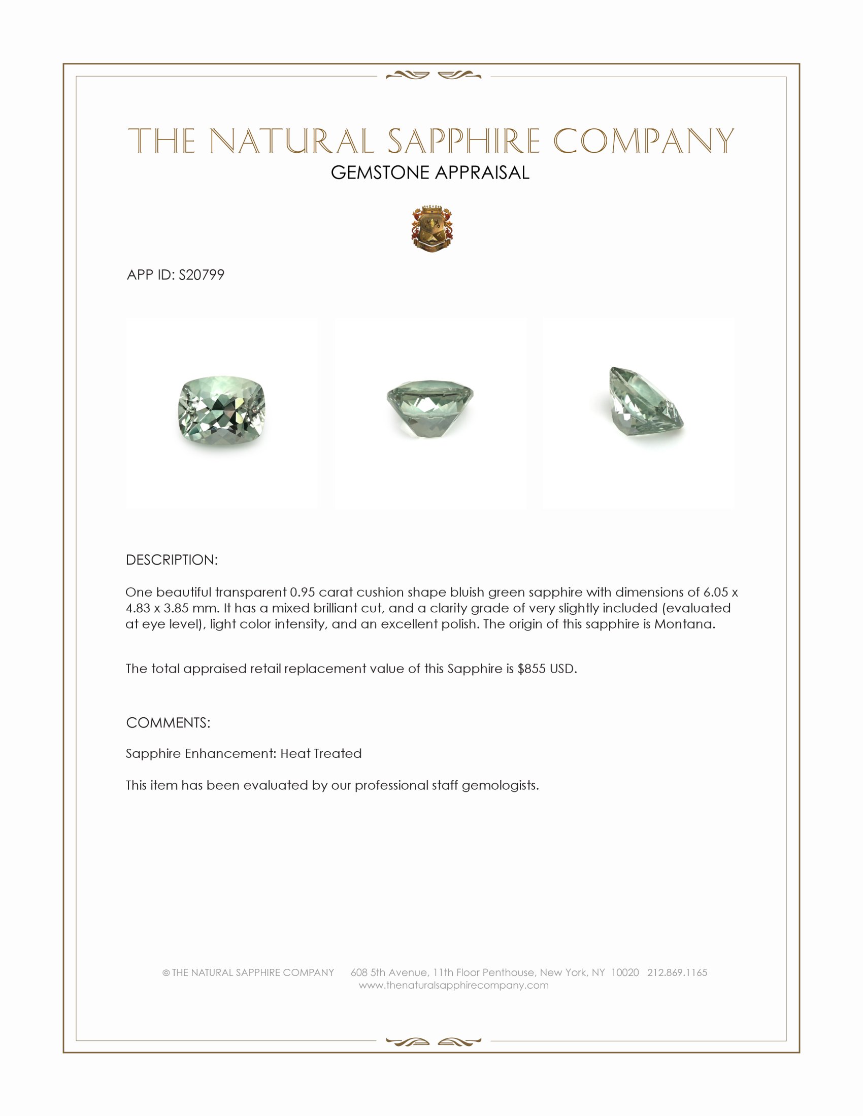 0.95 Ct. Bluish Green Sapphire from Montana