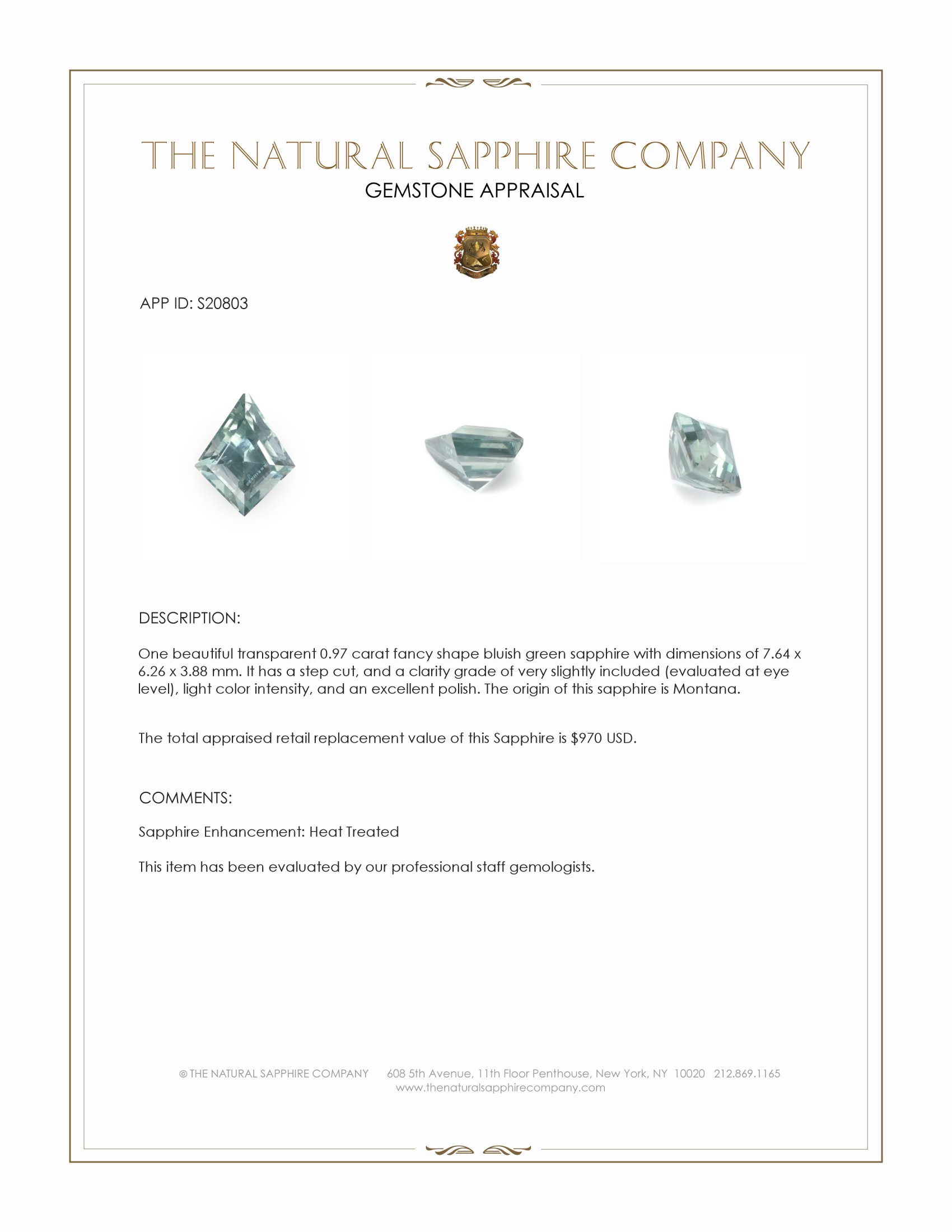 0.97 Ct. Bluish Green Sapphire from Montana