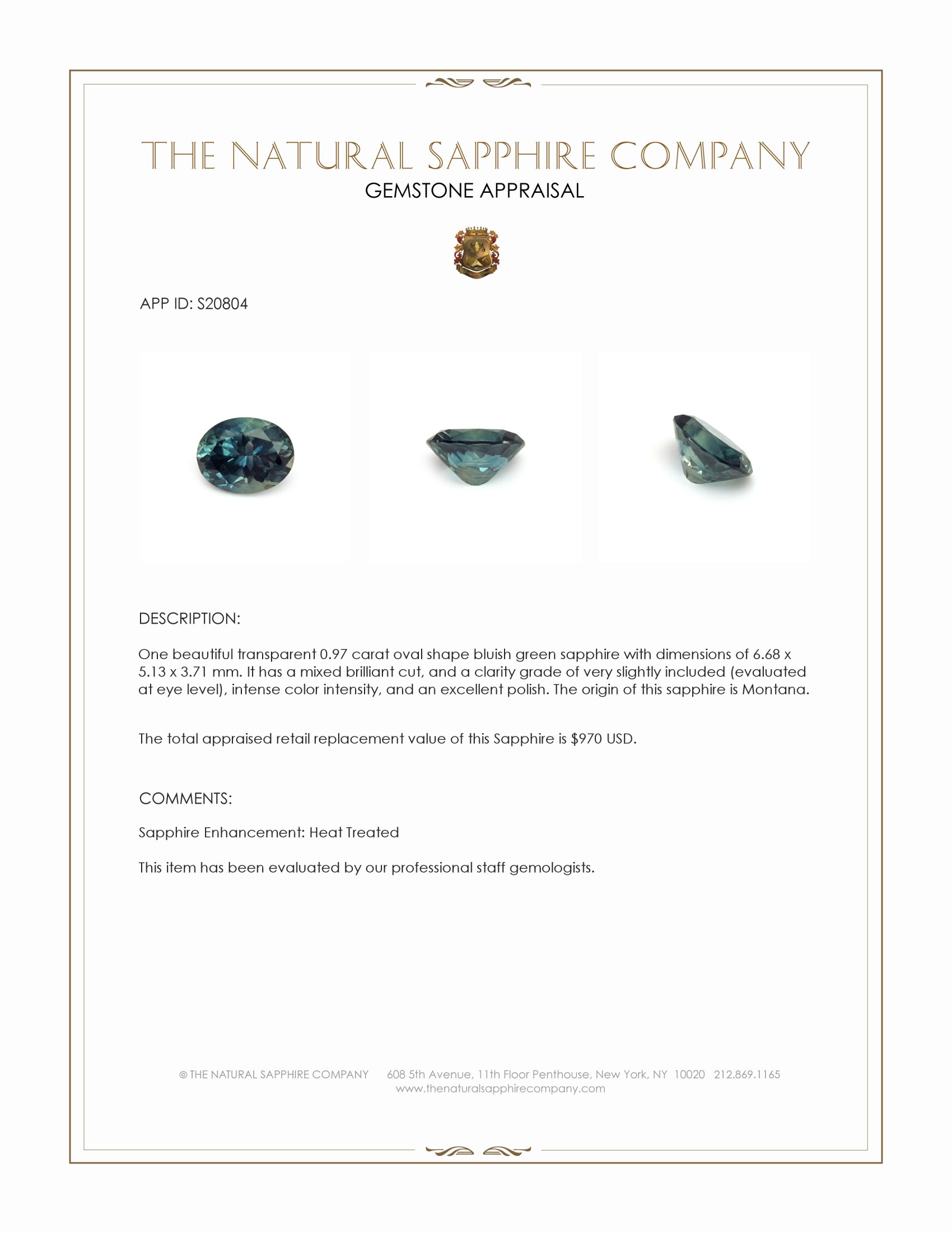 0.97 Ct. Bluish Green Sapphire from Montana