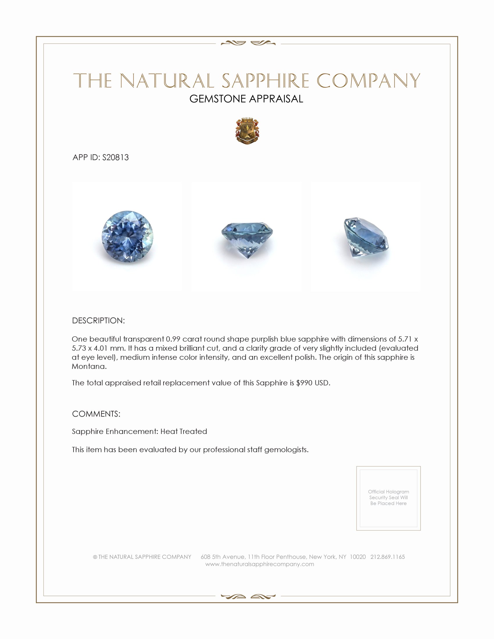 0.99 Ct. Purplish Blue Sapphire from Montana