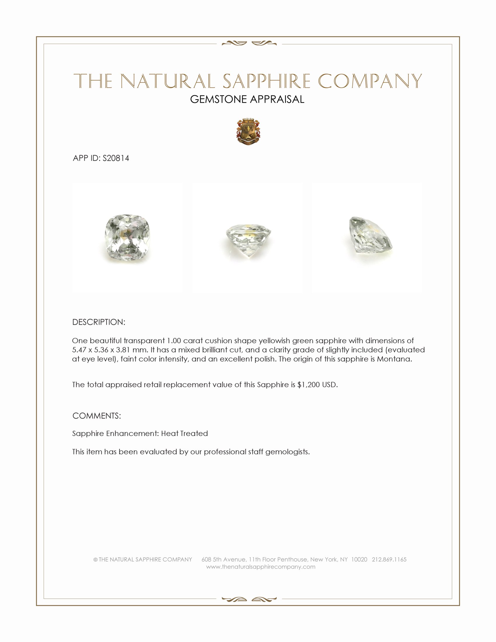 1.00 Ct. Yellowish Green Sapphire from Montana