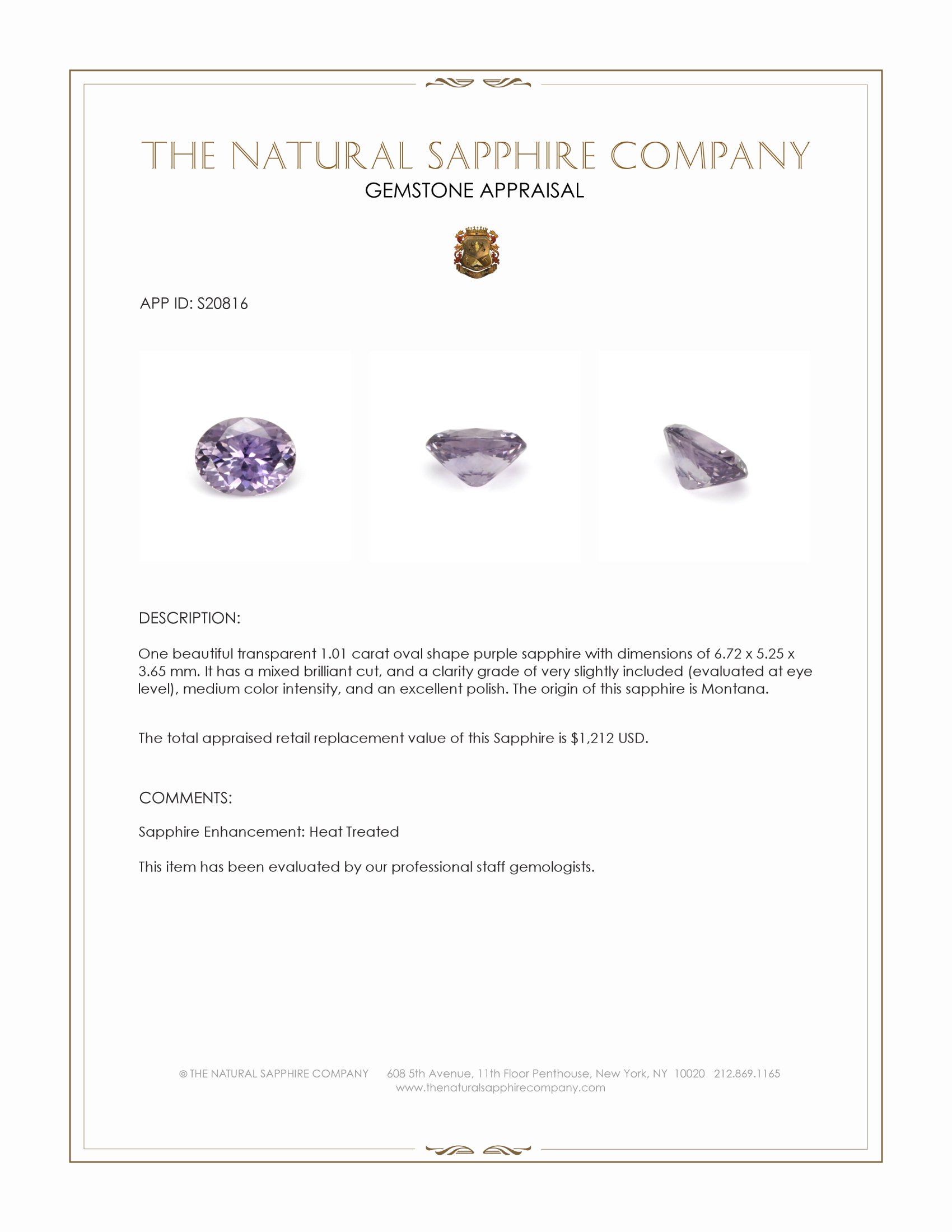 1.01 Ct. Purple Sapphire from Montana