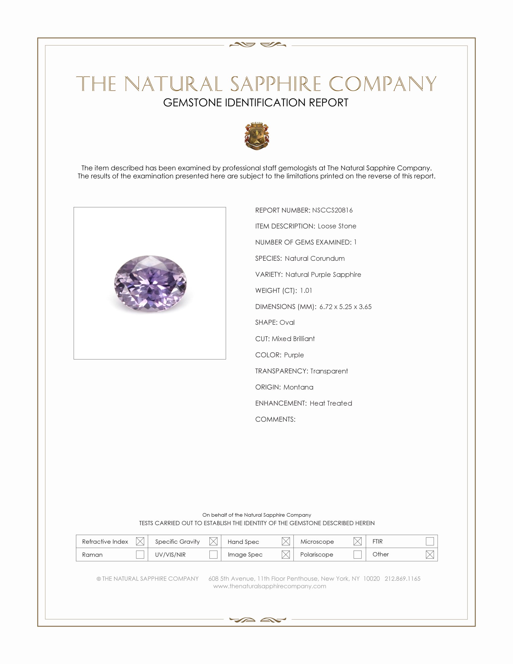 1.01 Ct. Purple Sapphire from Montana