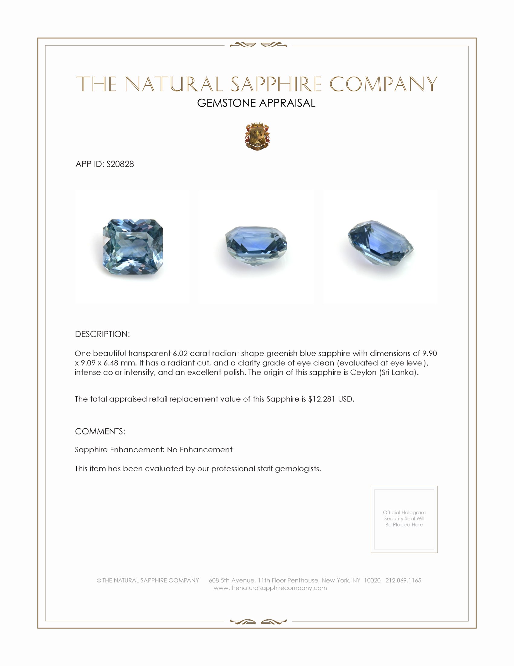 6.02 Ct. Greenish Blue Sapphire from Ceylon (Sri Lanka)