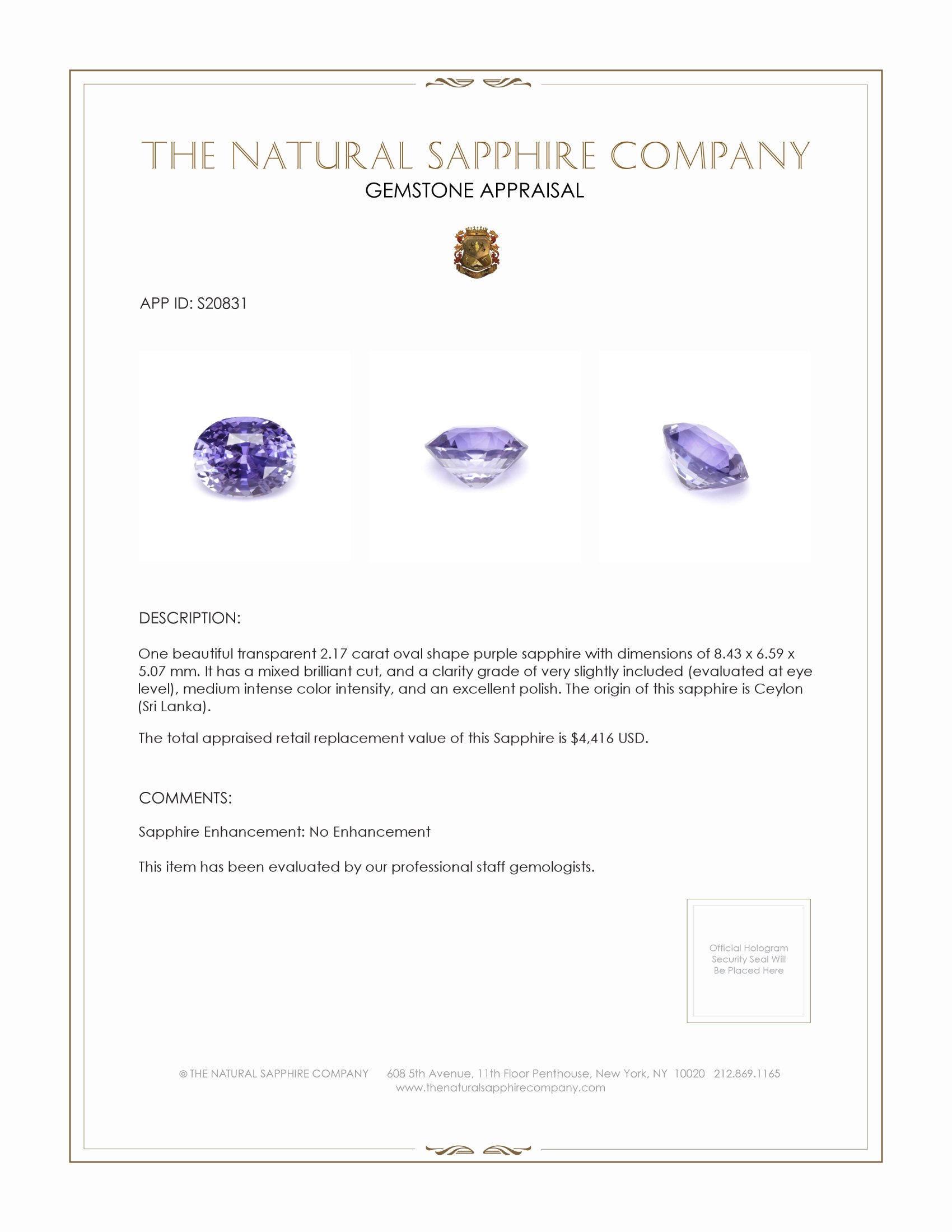 2.17 Ct. Purple Sapphire from Ceylon (Sri Lanka)