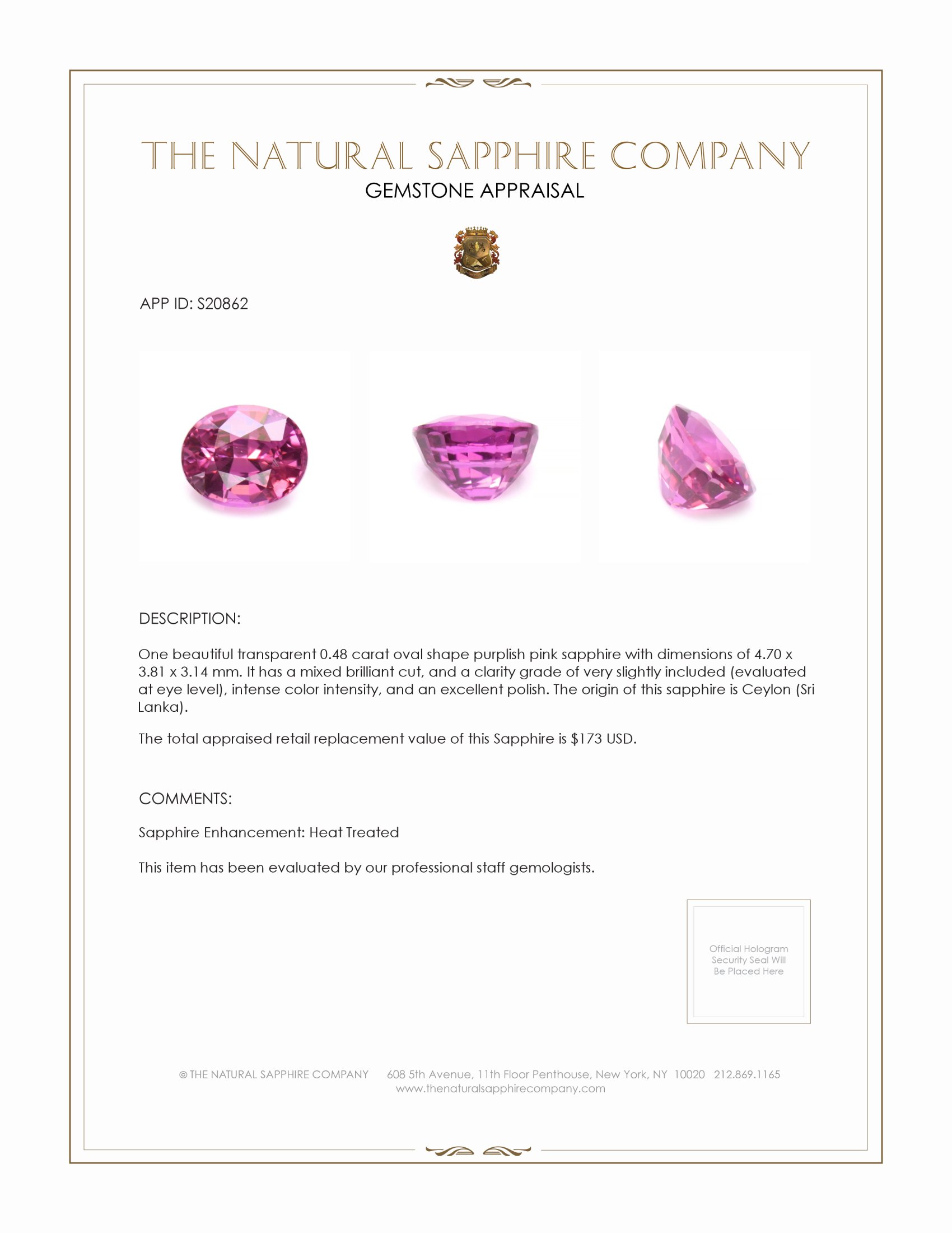 0.48 Ct. Purplish Pink Sapphire from Ceylon (Sri Lanka)